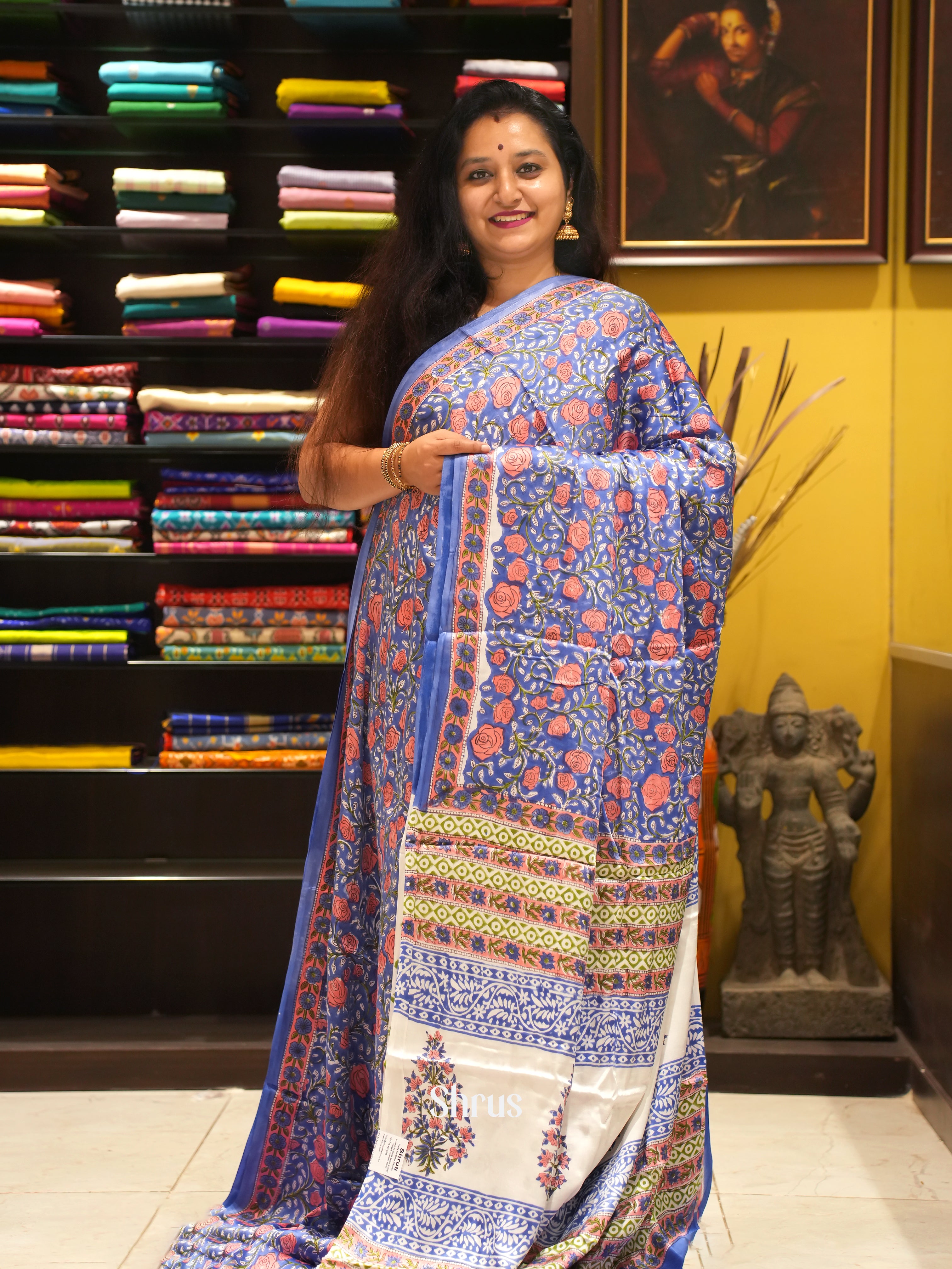 Blue & Cream - Modal Silk Saree - Shop on ShrusEternity.com