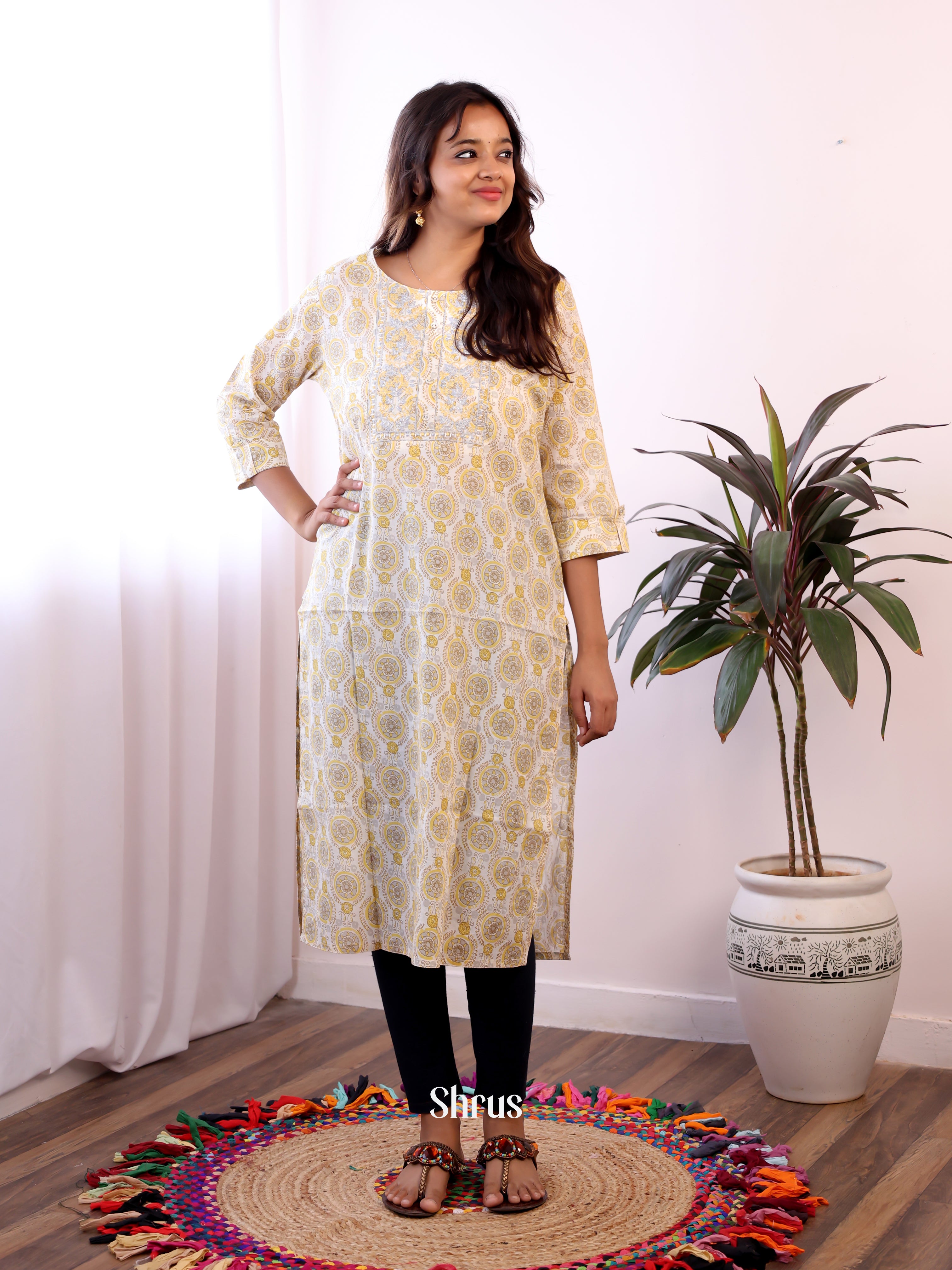 Cream & Yellow - Readymade Kurti - Shop on ShrusEternity.com
