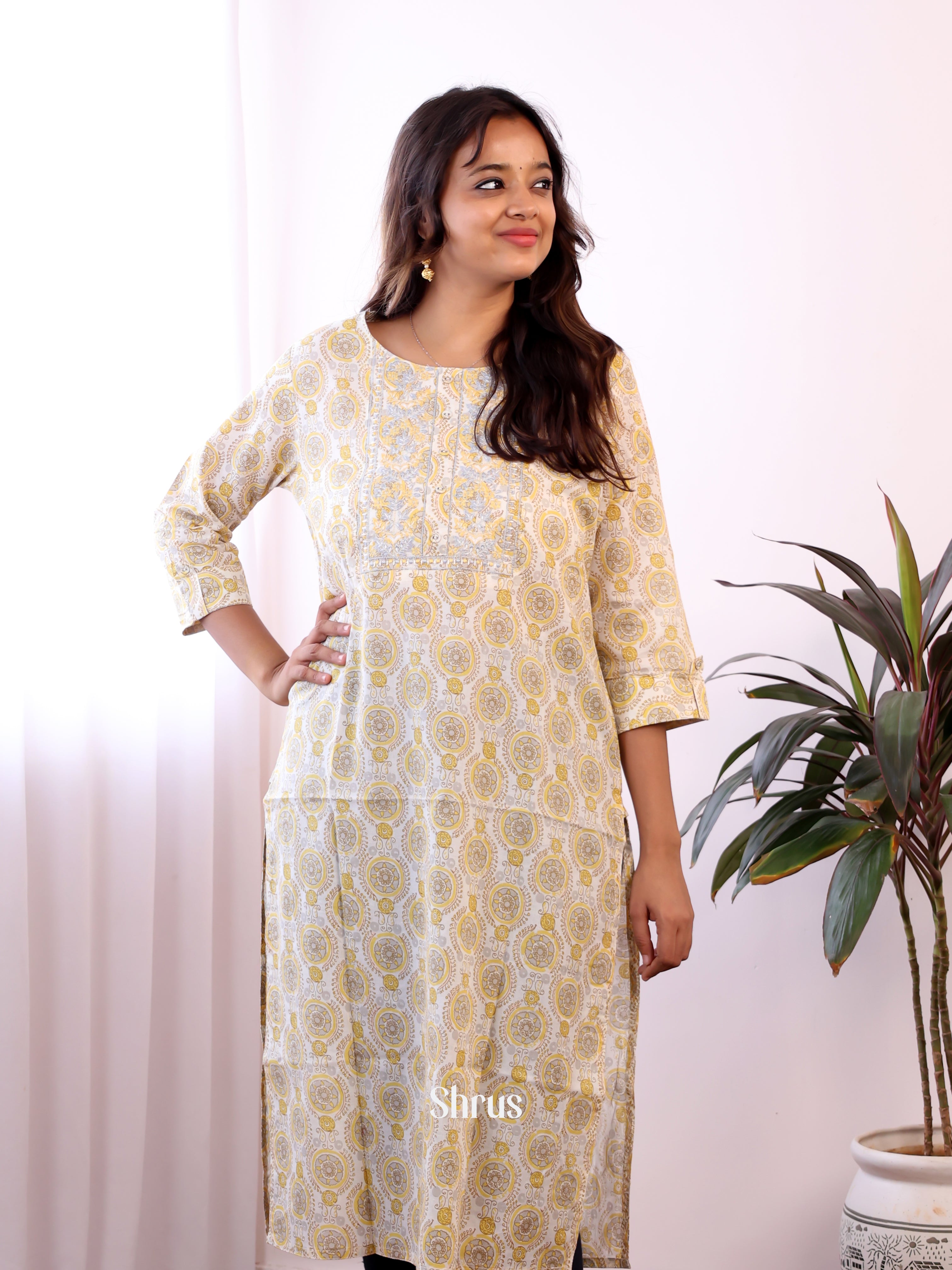 Cream & Yellow - Readymade Kurti - Shop on ShrusEternity.com