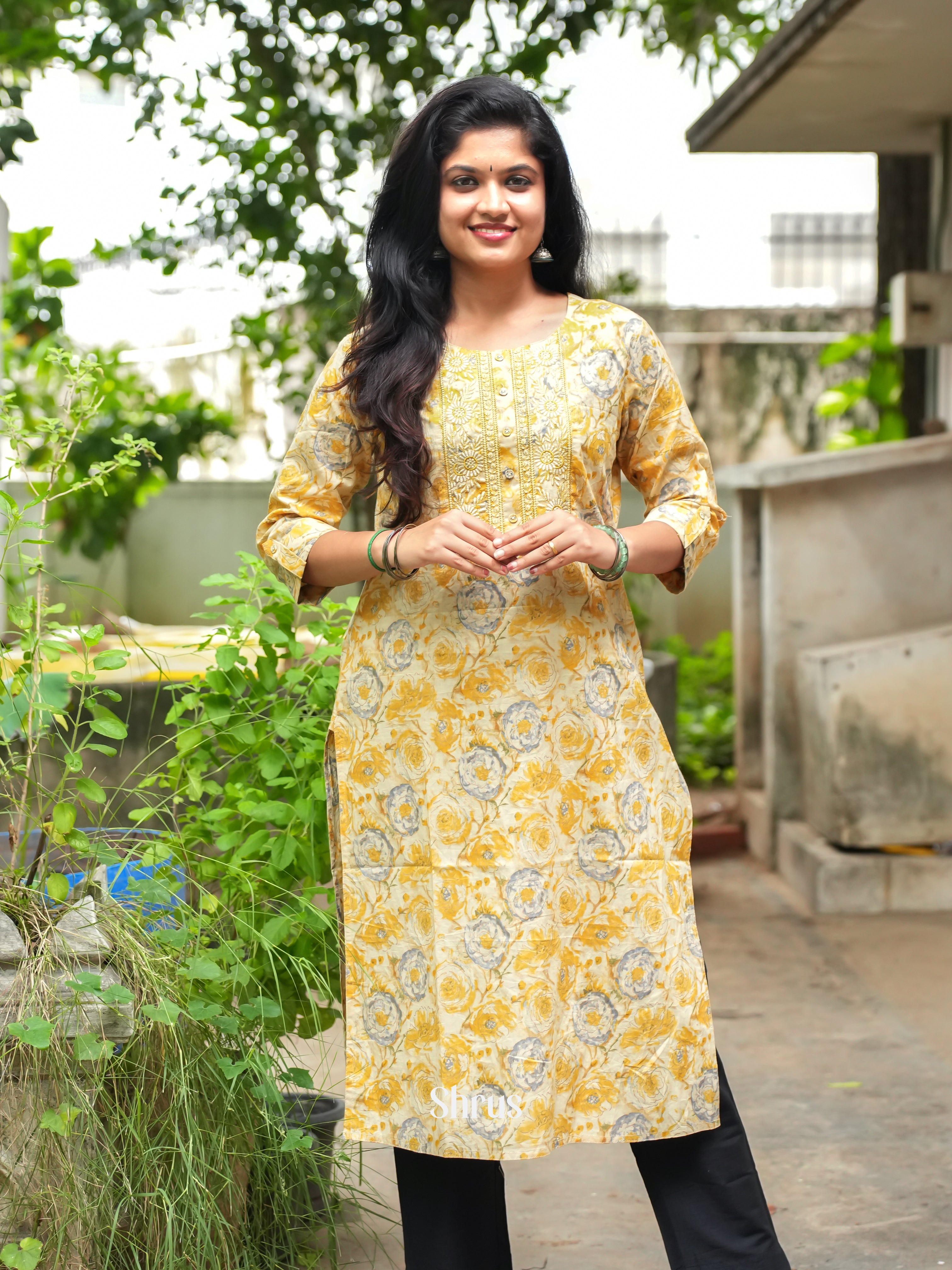 Cream & Yellow - Readymade Kurti - Shop on ShrusEternity.com