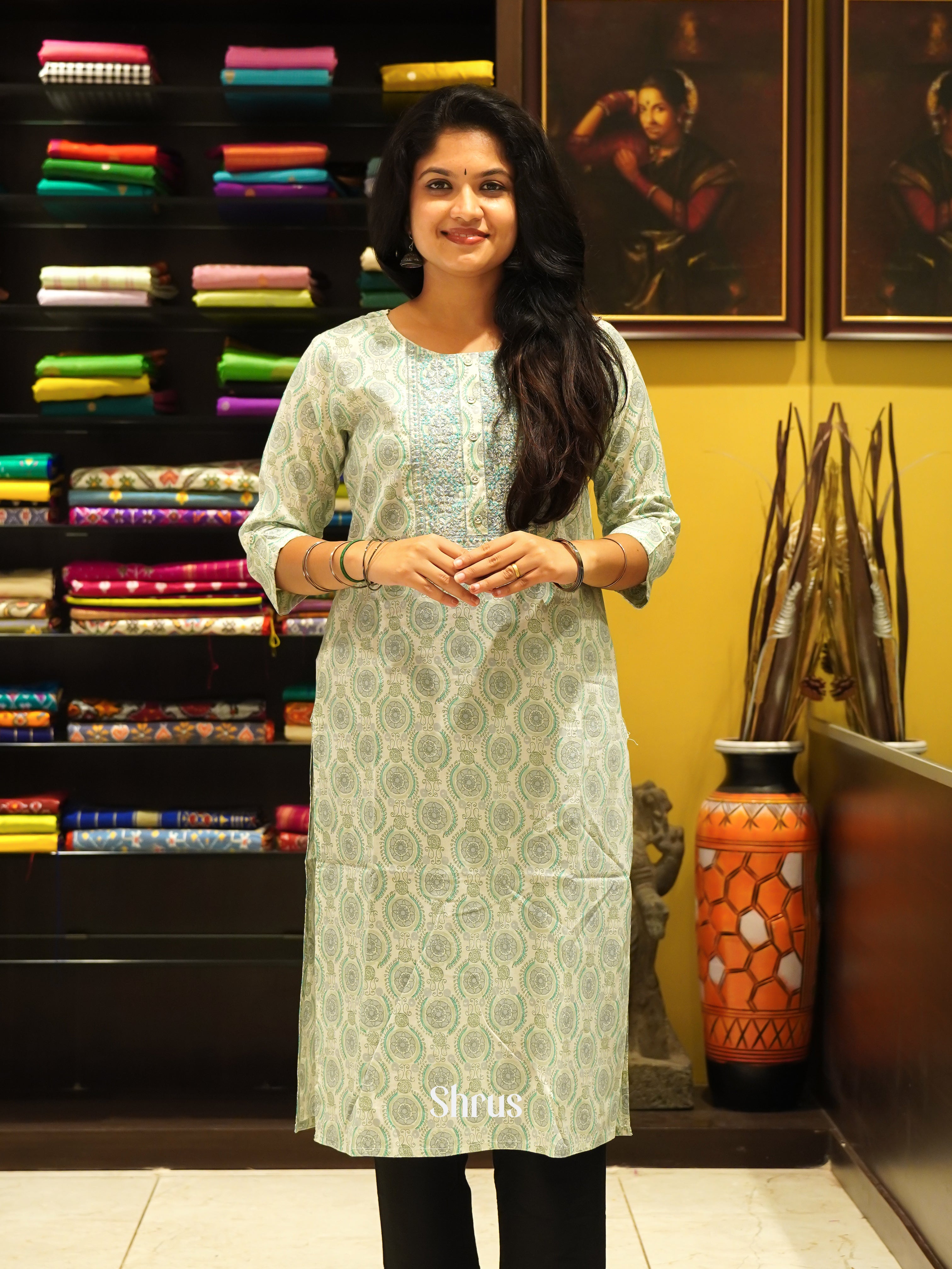 Cream & Green - Readymade Kurti - Shop on ShrusEternity.com