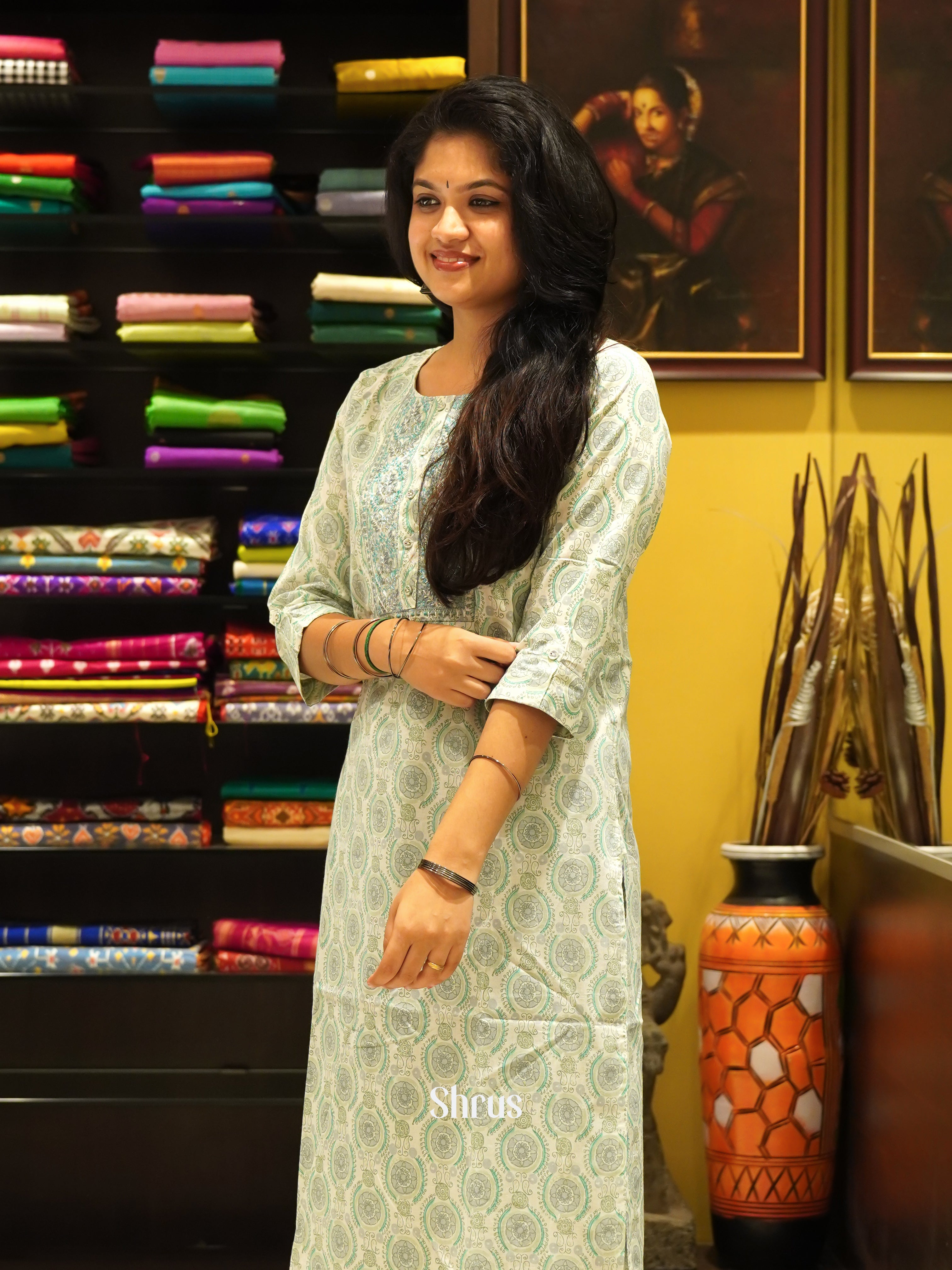 Cream & Green - Readymade Kurti - Shop on ShrusEternity.com