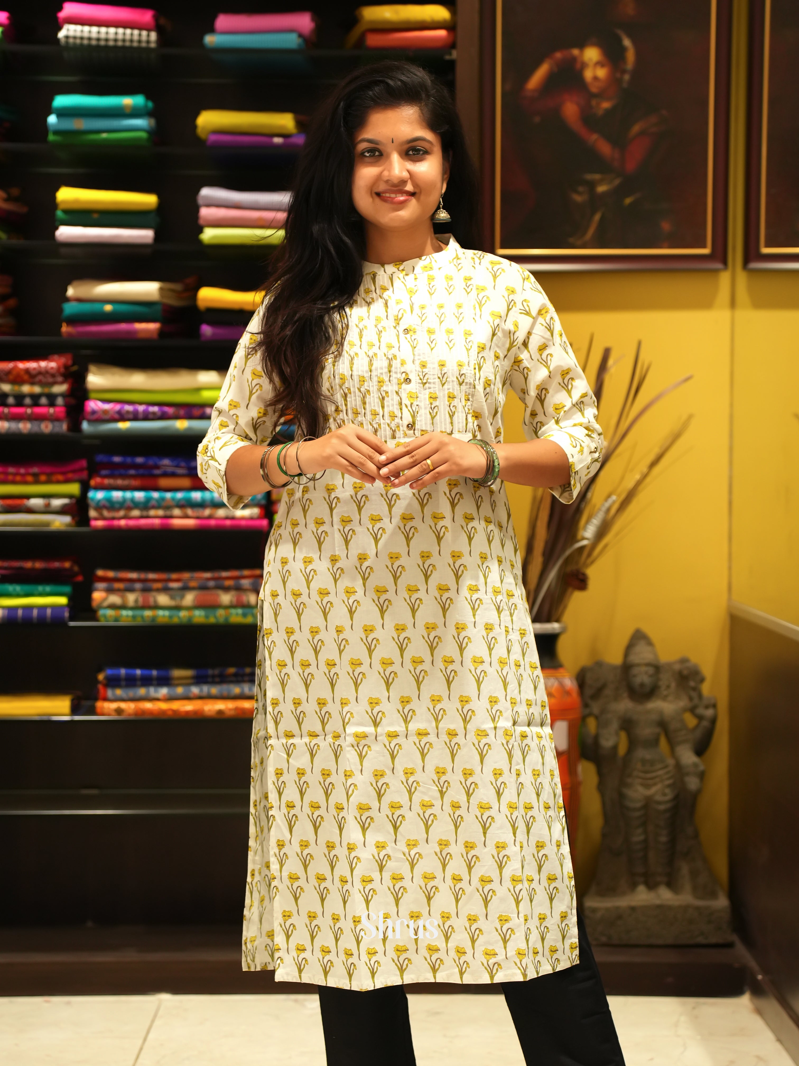 Cream & Yellow - Readymade Kurti - Shop on ShrusEternity.com