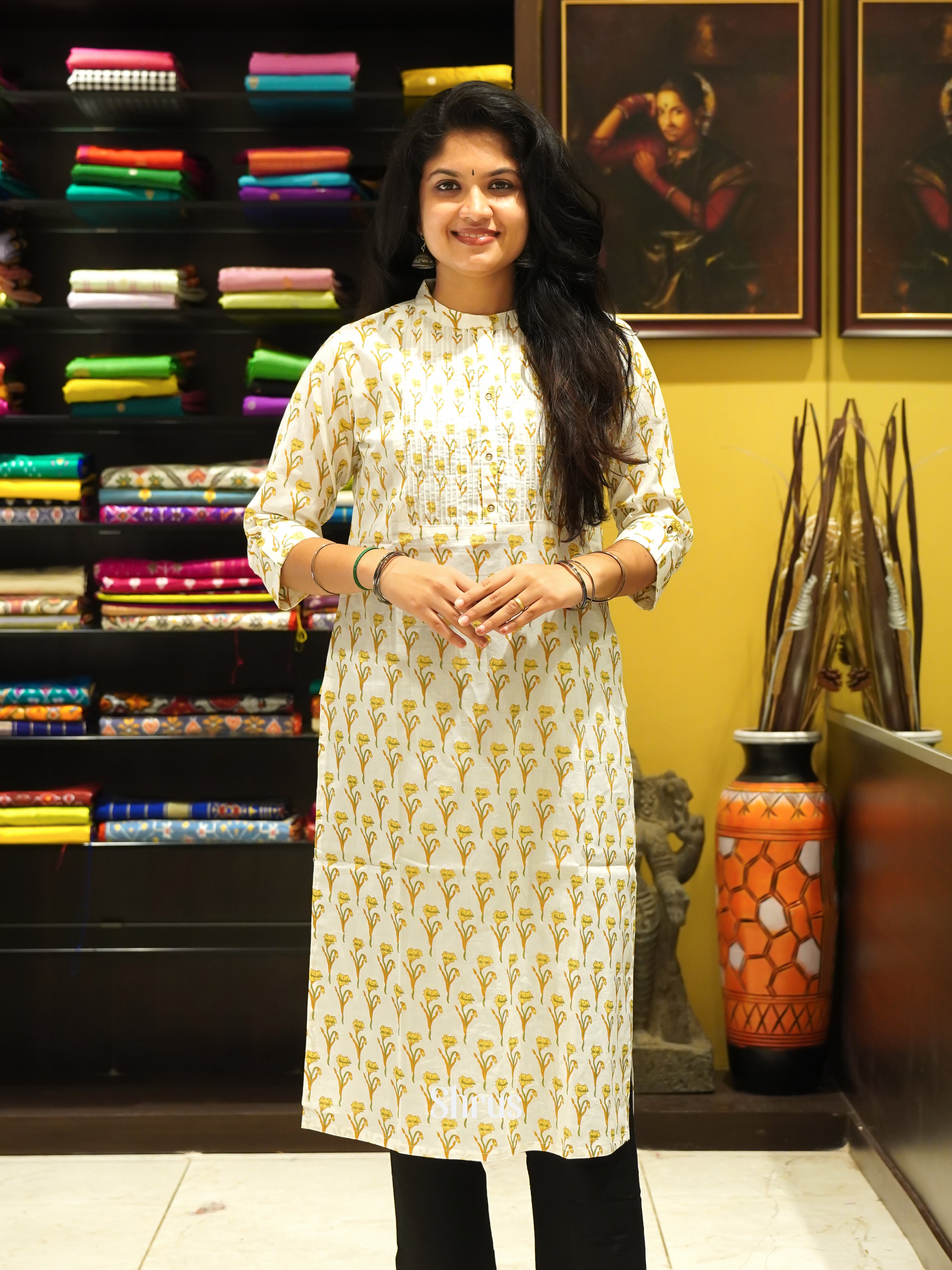 Cream & Yellow - Readymade Kurti - Shop on ShrusEternity.com