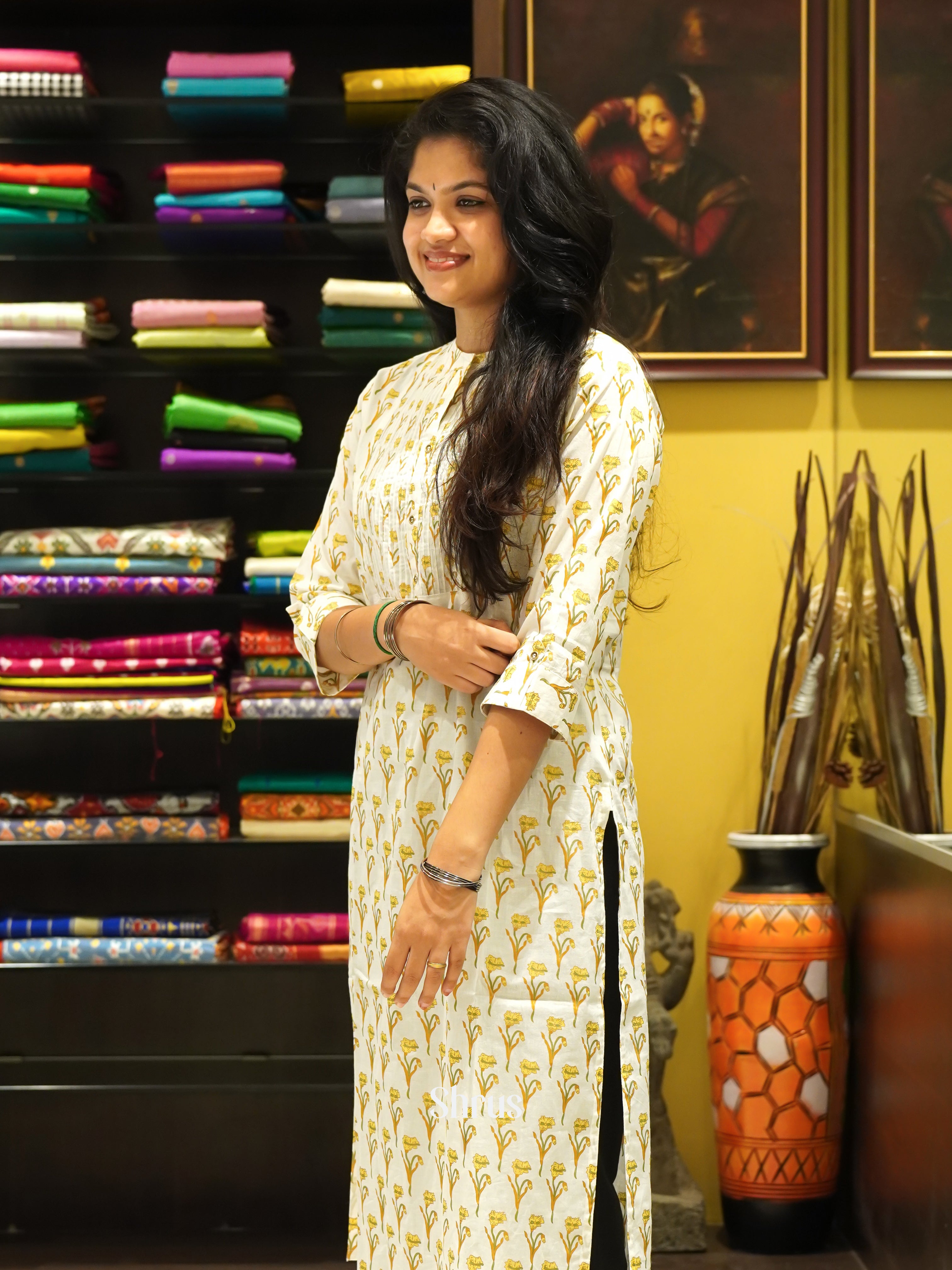 Cream & Yellow - Readymade Kurti - Shop on ShrusEternity.com