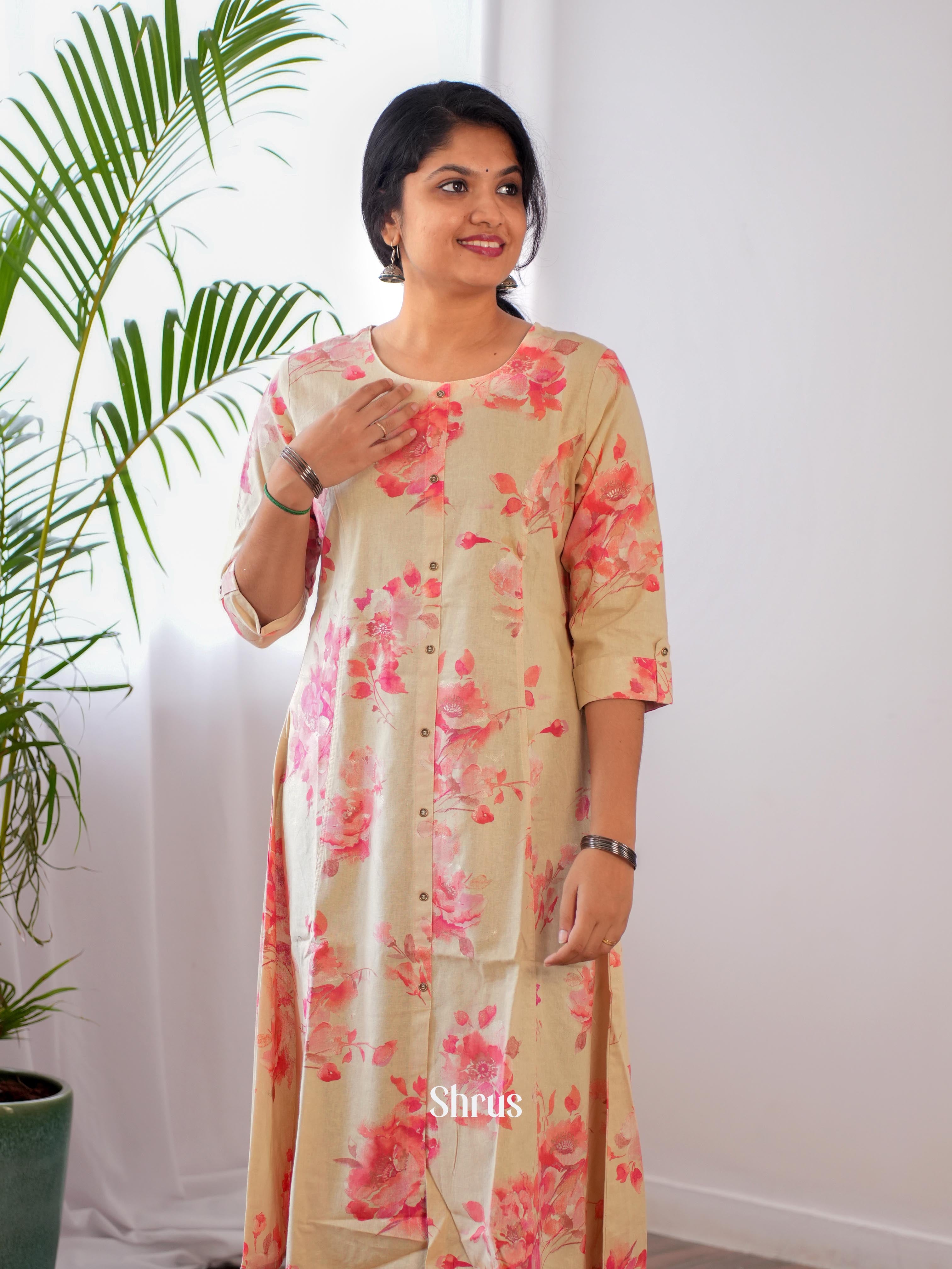 Cream & Pink- Readymade Kurti - Shop on ShrusEternity.com