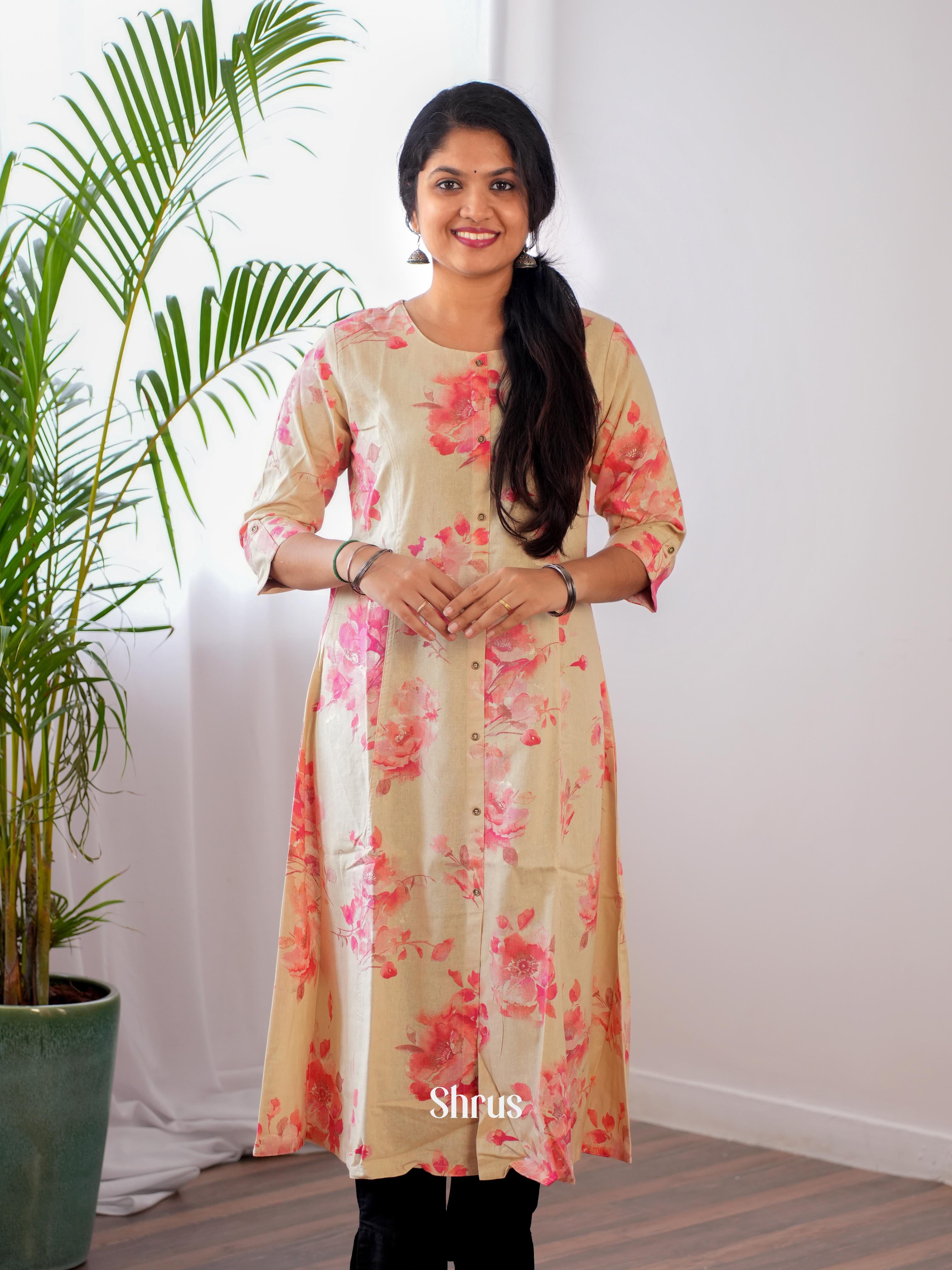 Cream & Pink- Readymade Kurti - Shop on ShrusEternity.com