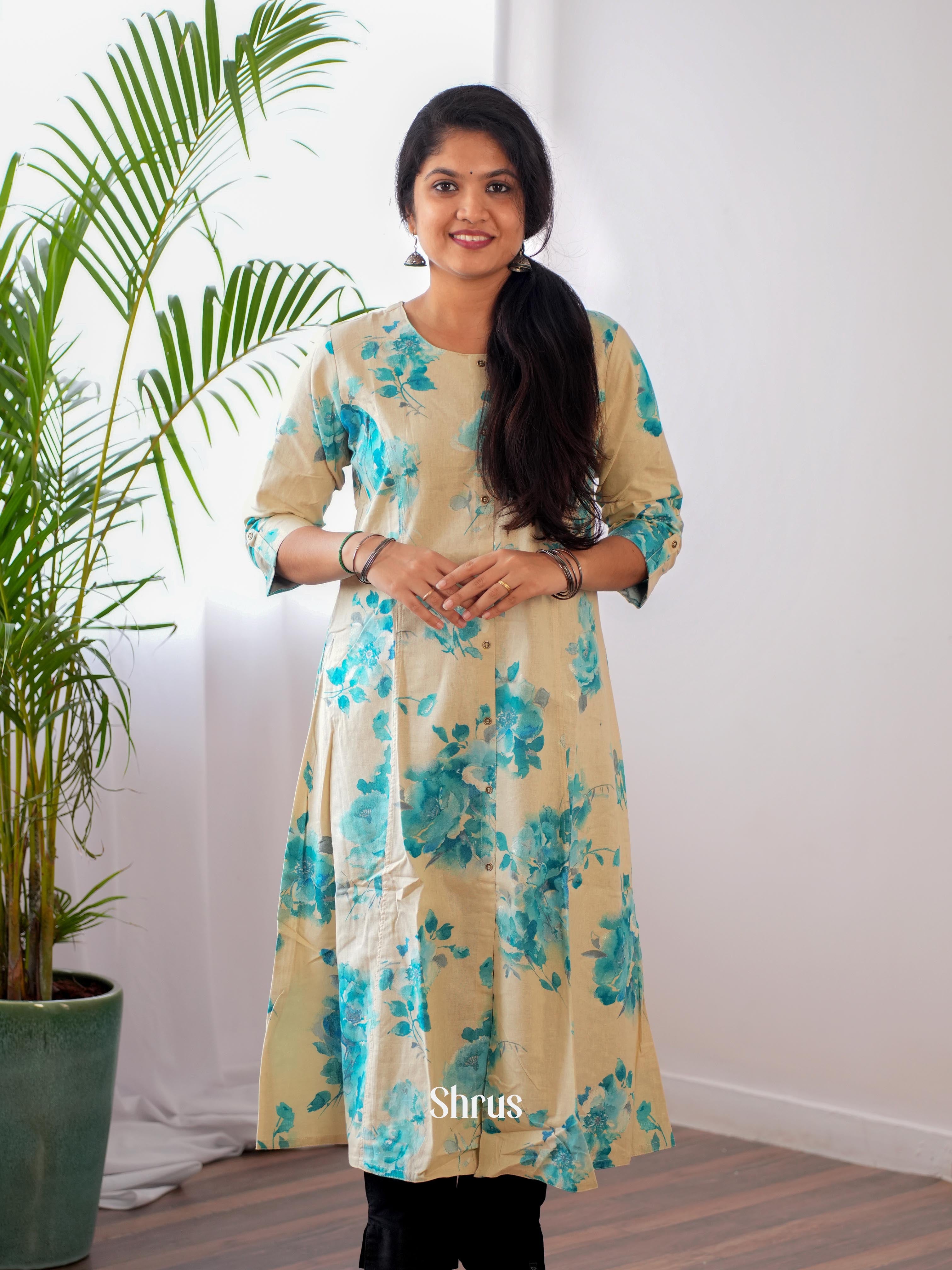 Cream & Blue - Readymade Kurti - Shop on ShrusEternity.com