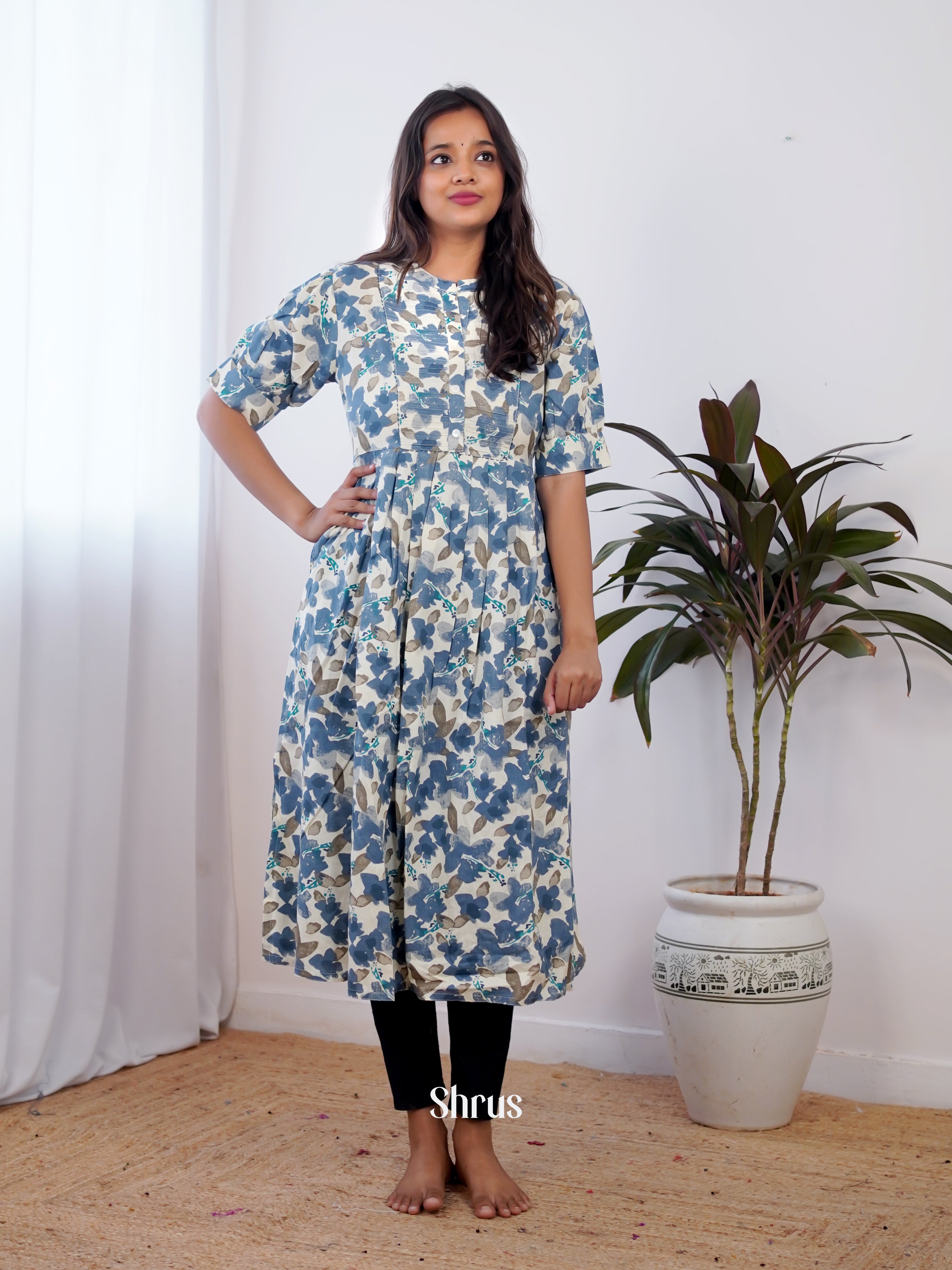 Cream & Blue - Readymade Kurti - Shop on ShrusEternity.com