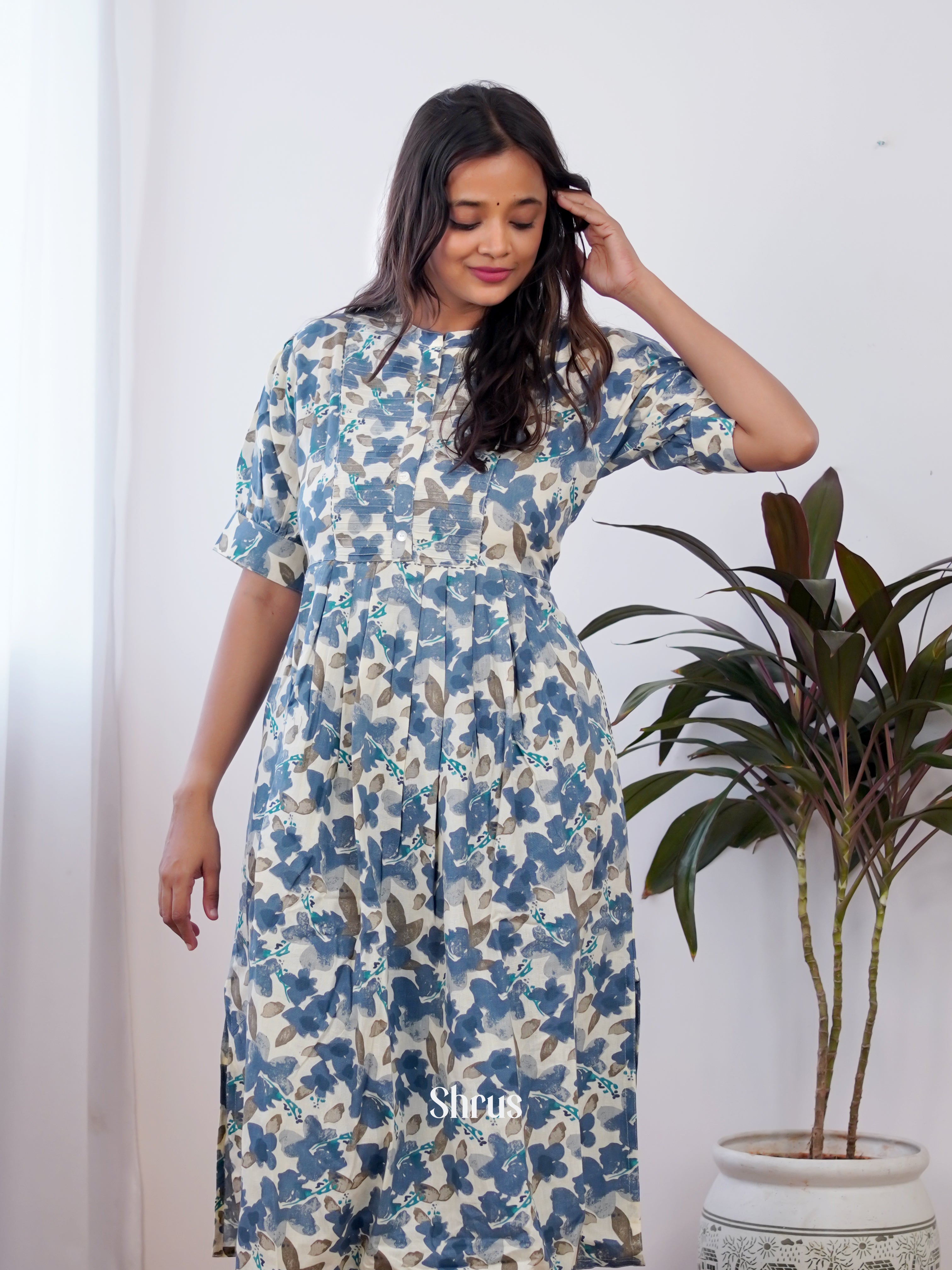 Cream & Blue - Readymade Kurti - Shop on ShrusEternity.com