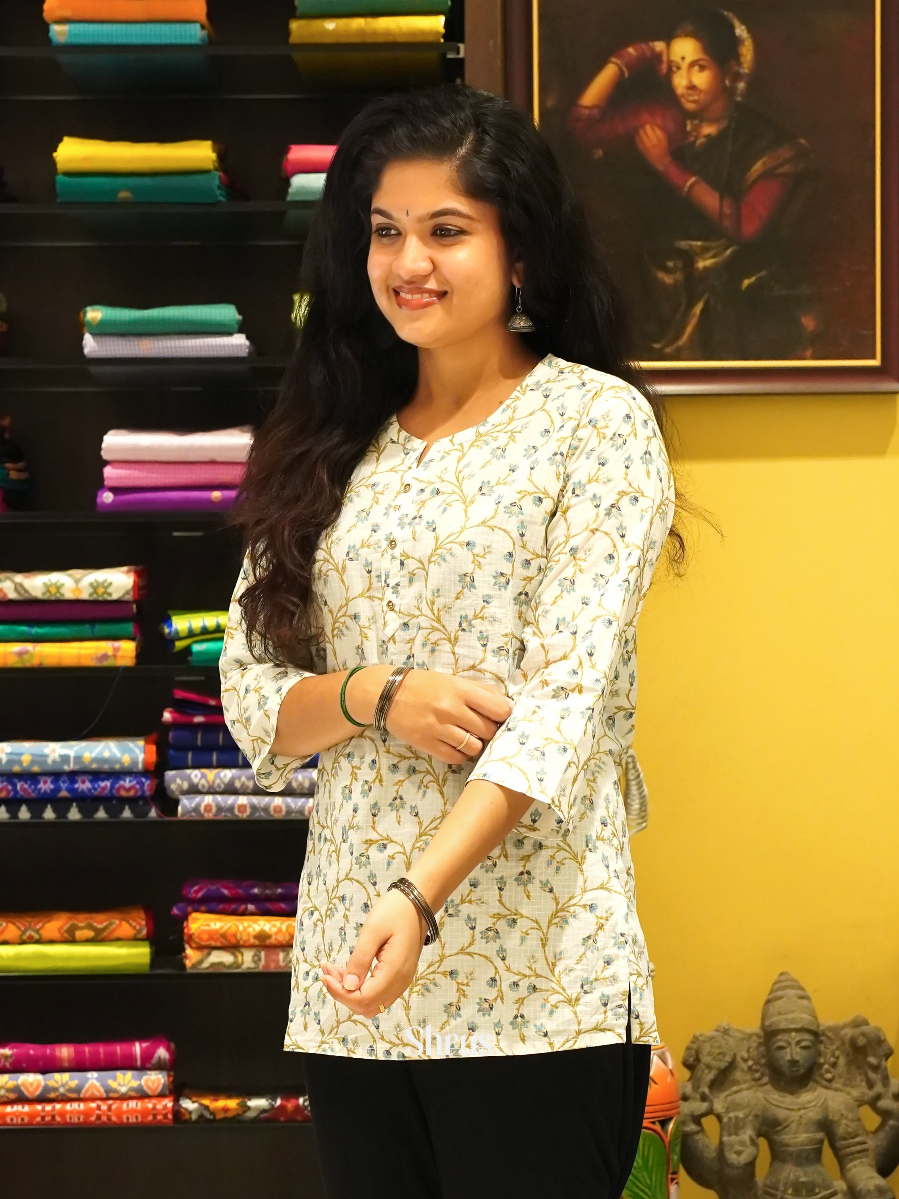 Cream - Readymade Short Kurti - Shop on ShrusEternity.com