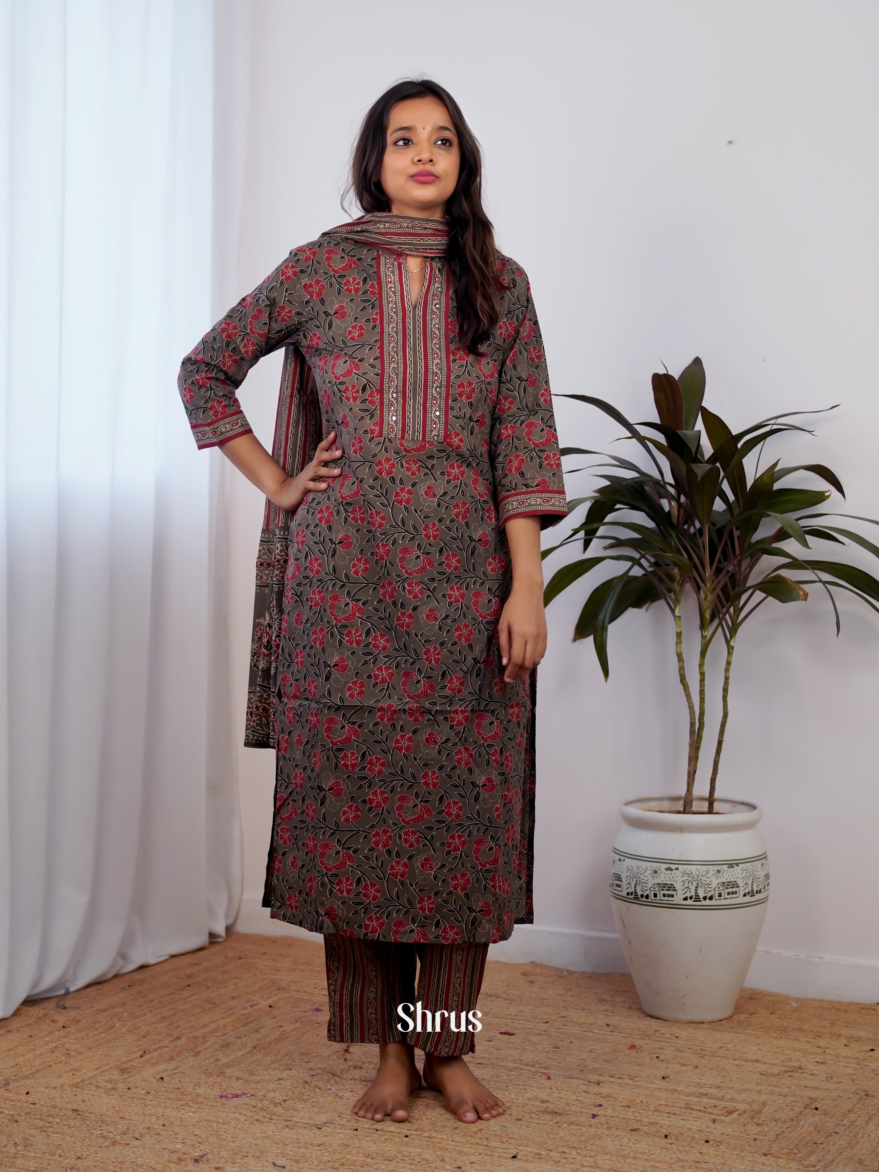 Grey & Red-3pc printed Readymade Suits - Shop on ShrusEternity.com