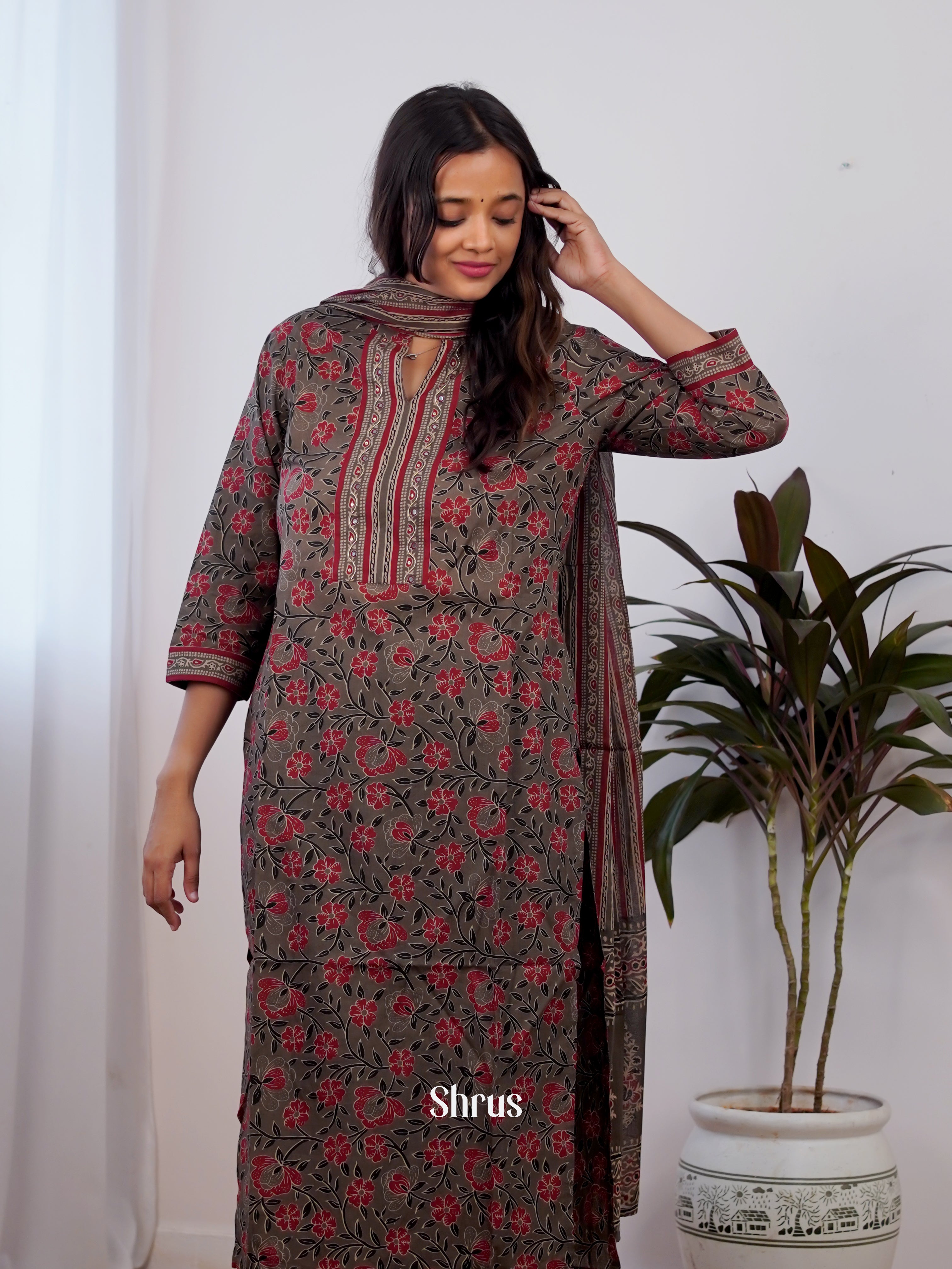 Grey & Red-3pc printed Readymade Suits - Shop on ShrusEternity.com