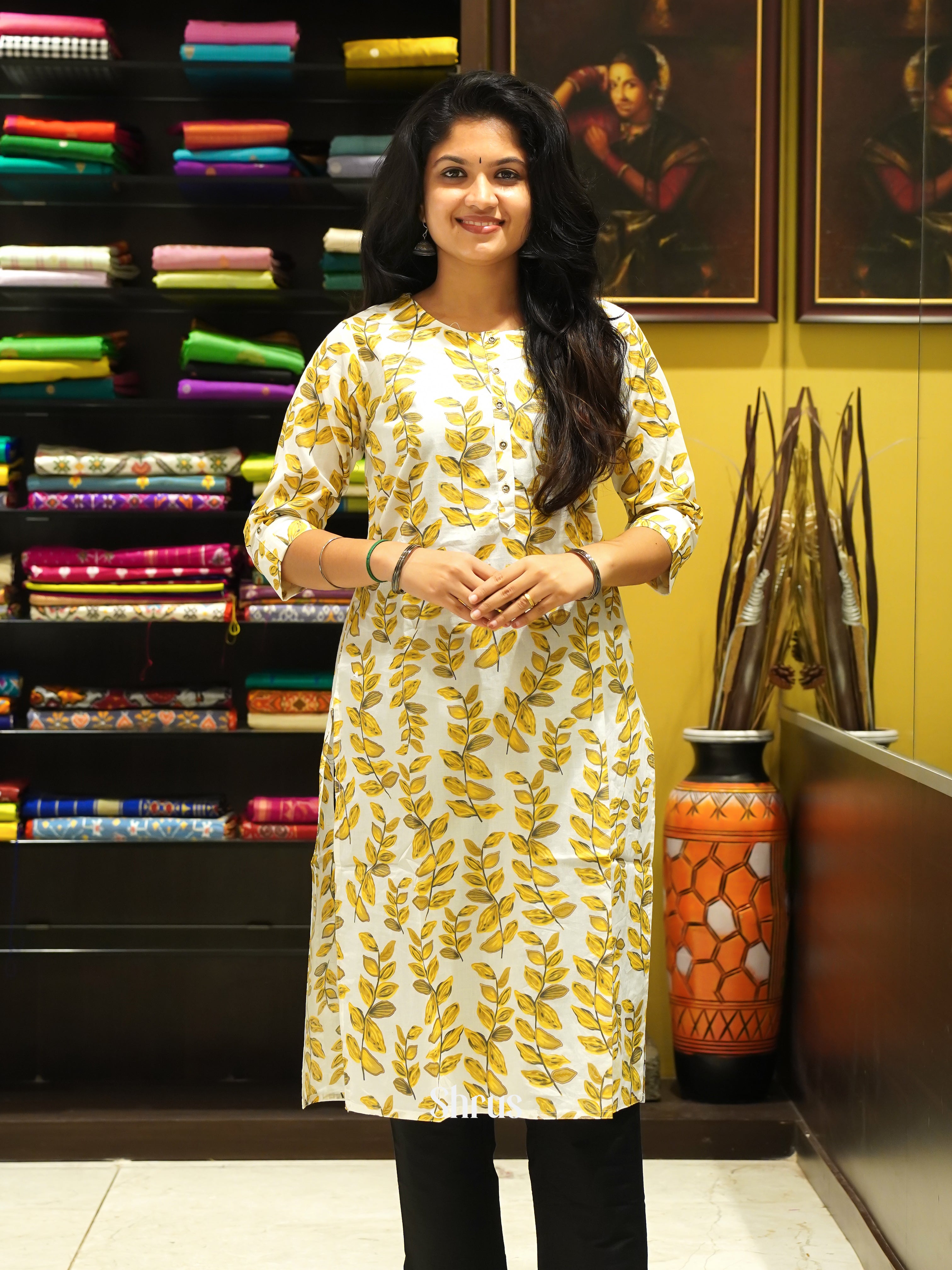 Cream & Yellow - Readymade Kurti - Shop on ShrusEternity.com