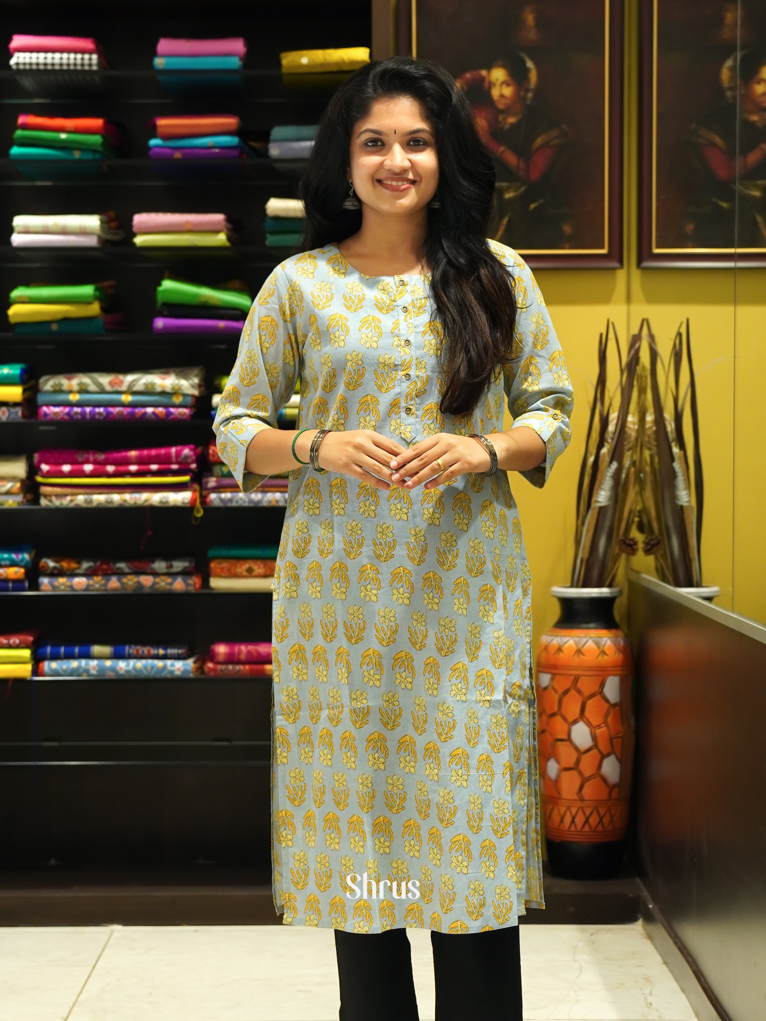 Grey & Yellow - Readymade Kurti - Shop on ShrusEternity.com