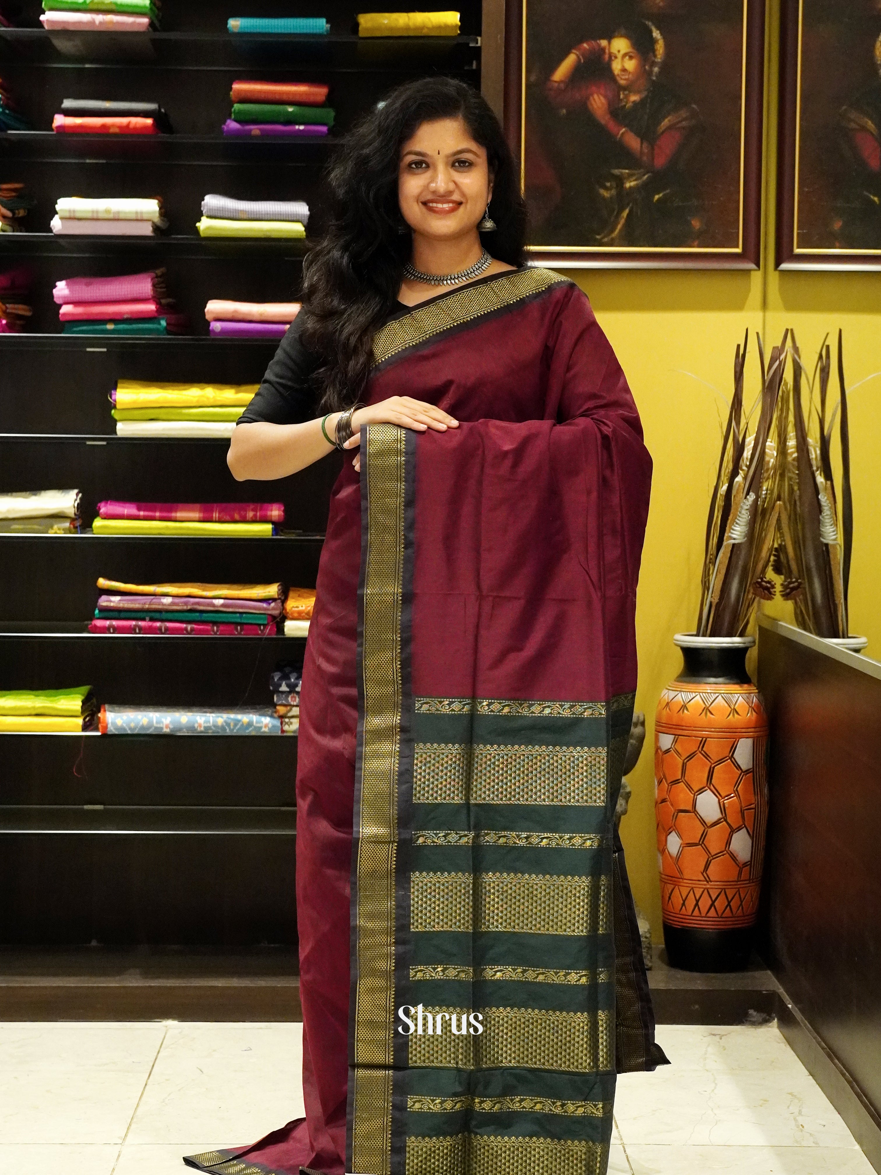 Maroon & Green- Kalyani Cotton Saree - Shop on ShrusEternity.com