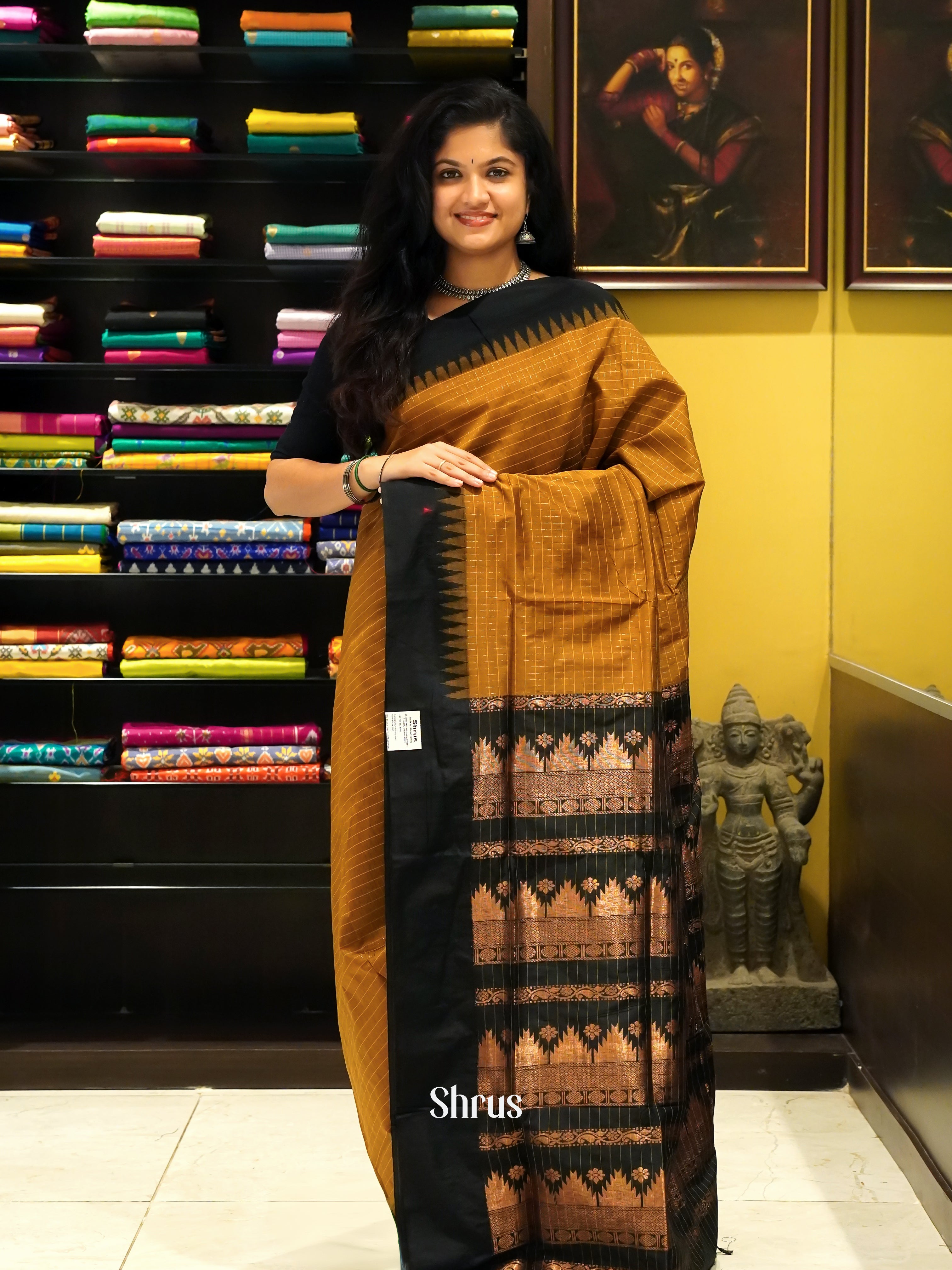 Fenugreek & Black - Kalyani Cotton Saree - Shop on ShrusEternity.com