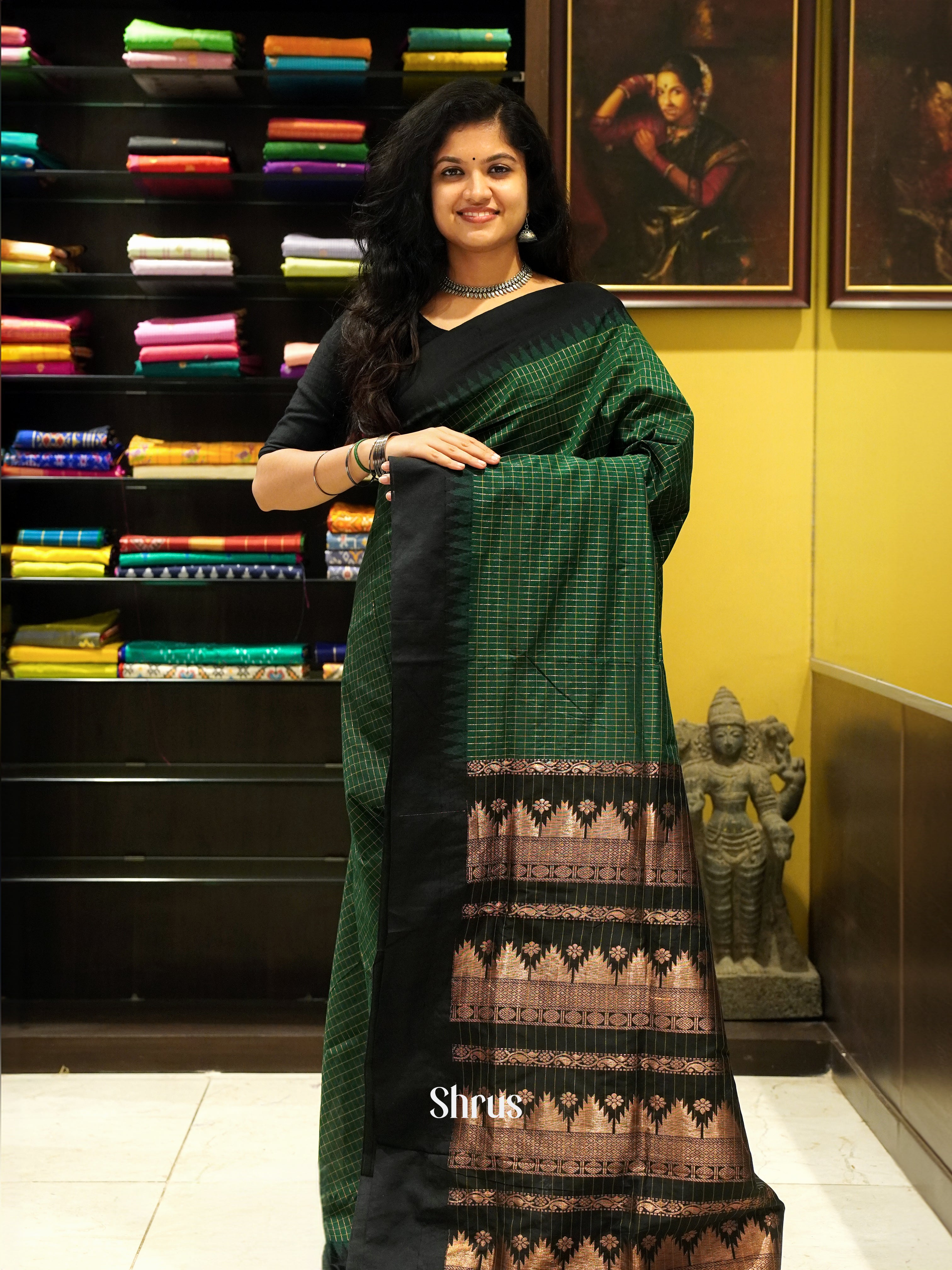 Green & Black- Kalyani Cotton Saree - Shop on ShrusEternity.com