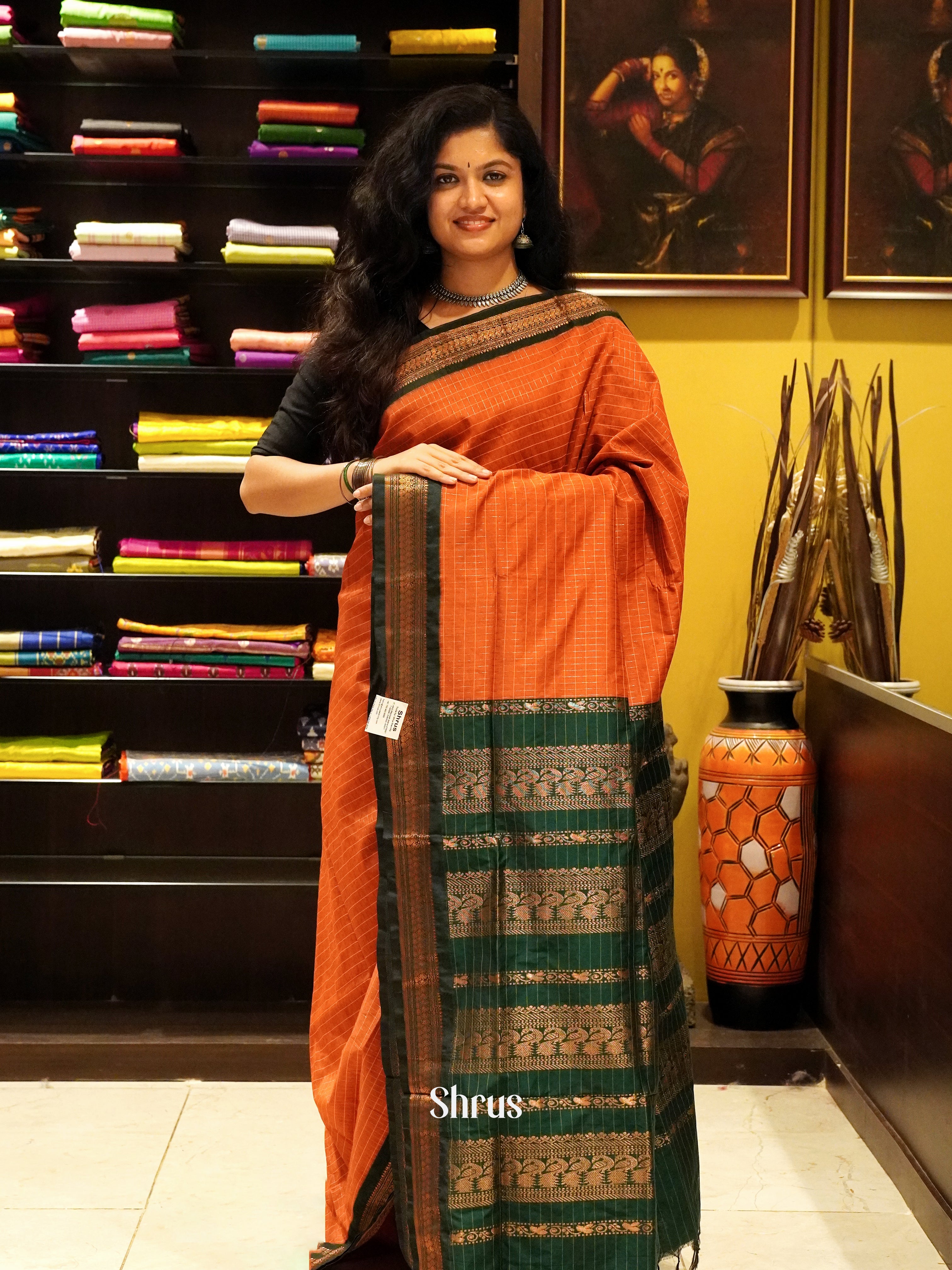 Orange & Green - Kalyani Cotton Saree - Shop on ShrusEternity.com
