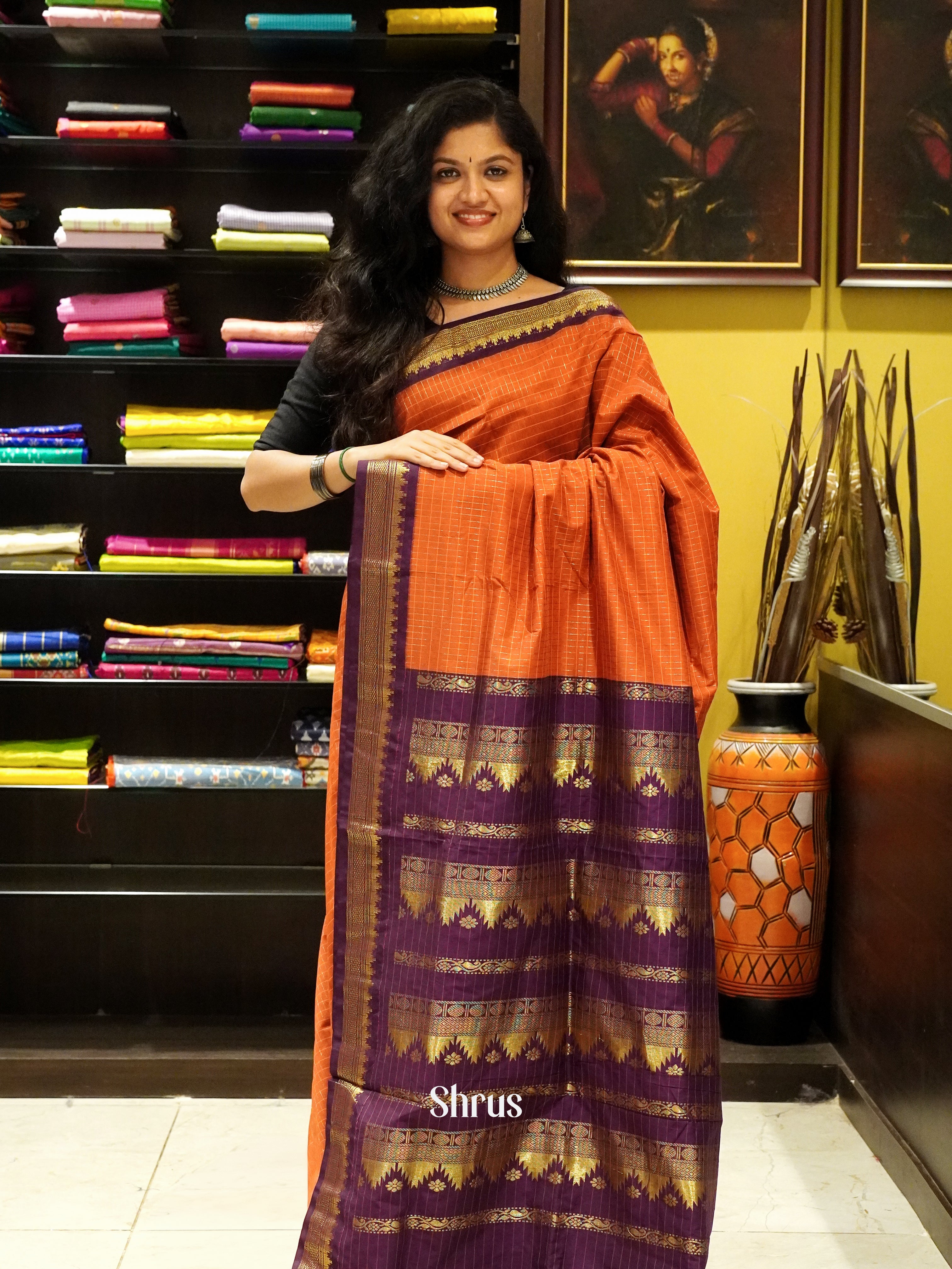 Orange & Violet - Kalyani Cotton Saree - Shop on ShrusEternity.com