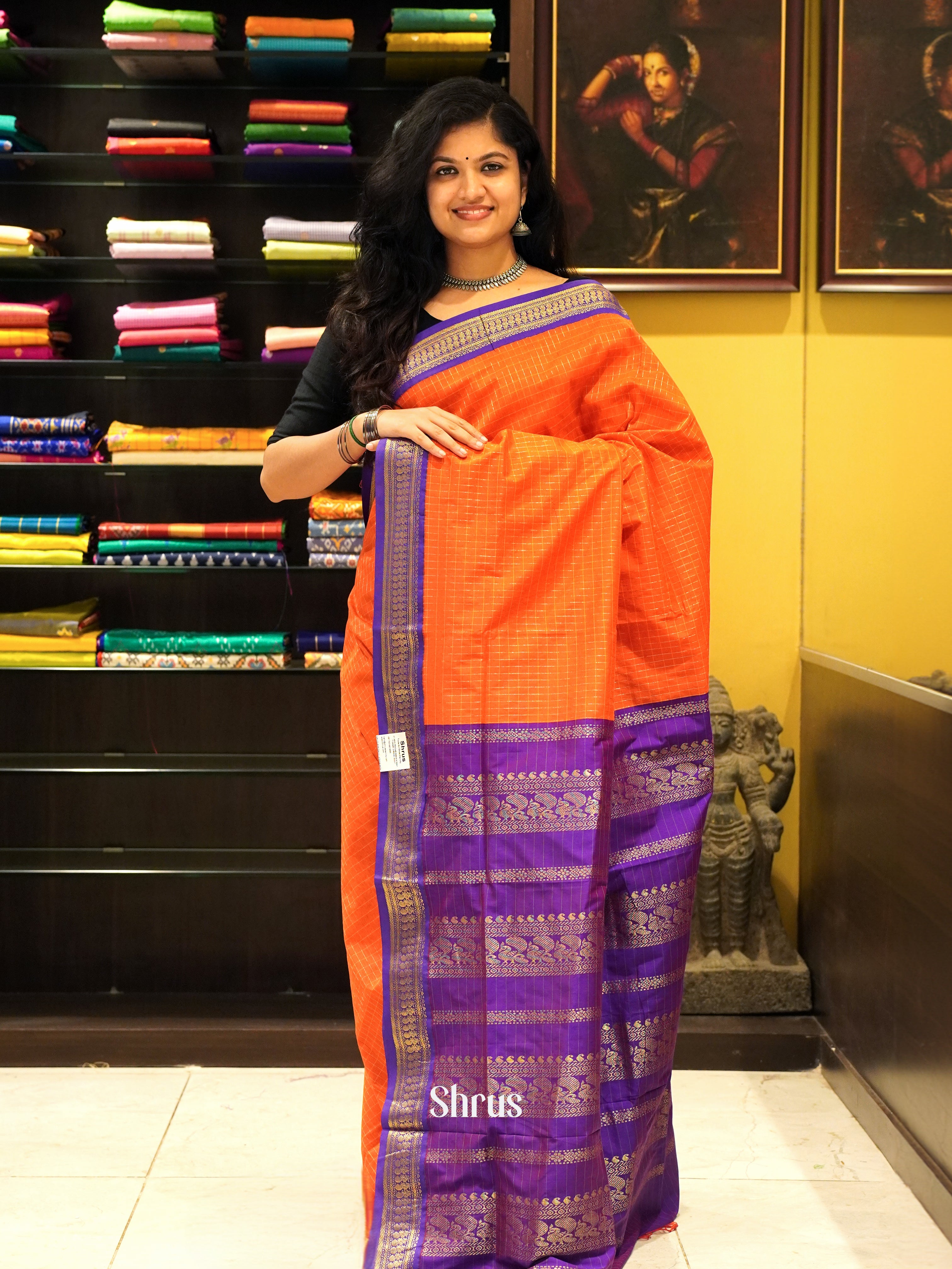 Orange & Violet - Kalyani Cotton Saree - Shop on ShrusEternity.com