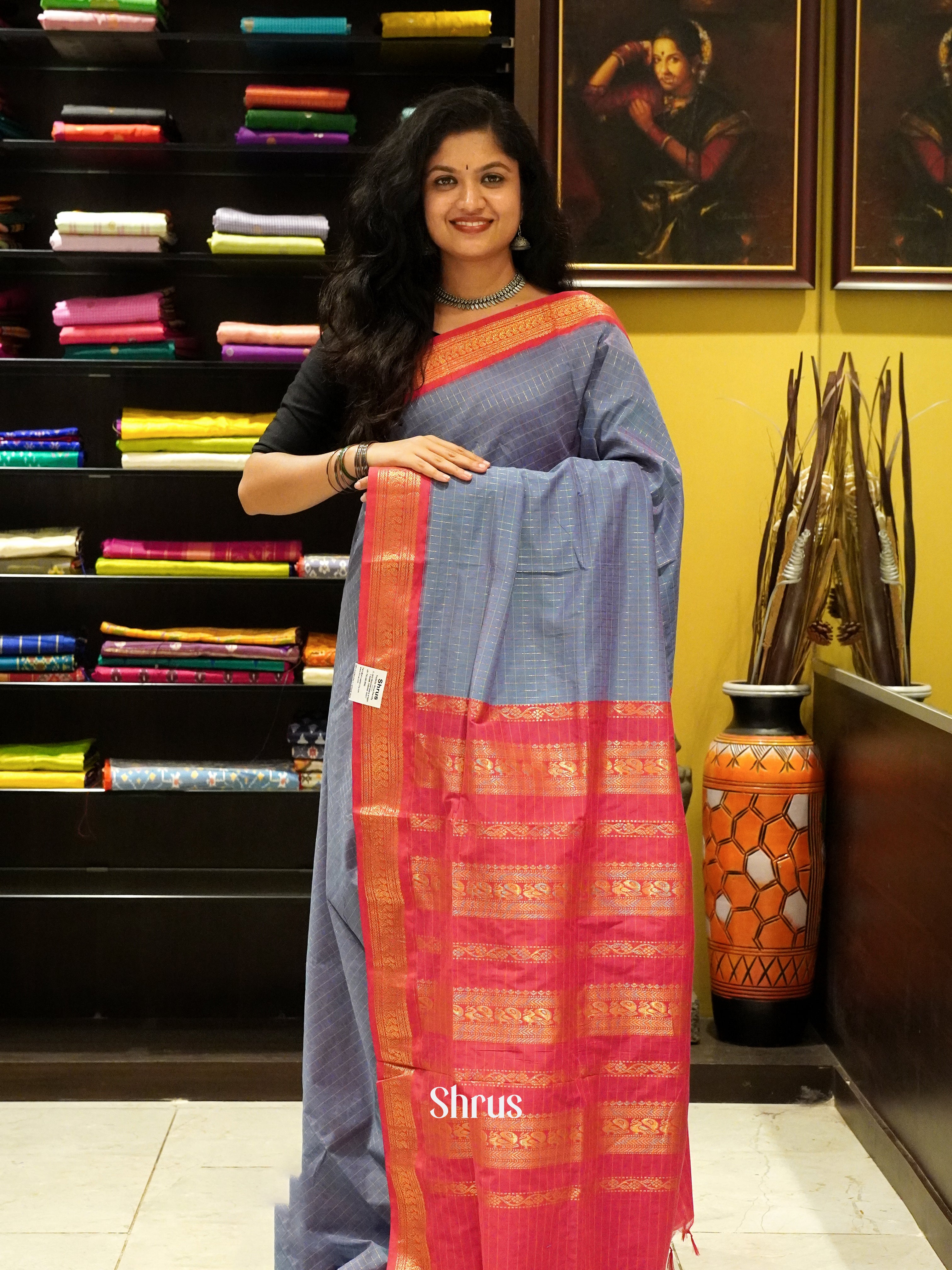 Grey & Red - Kalyani Cotton Saree - Shop on ShrusEternity.com