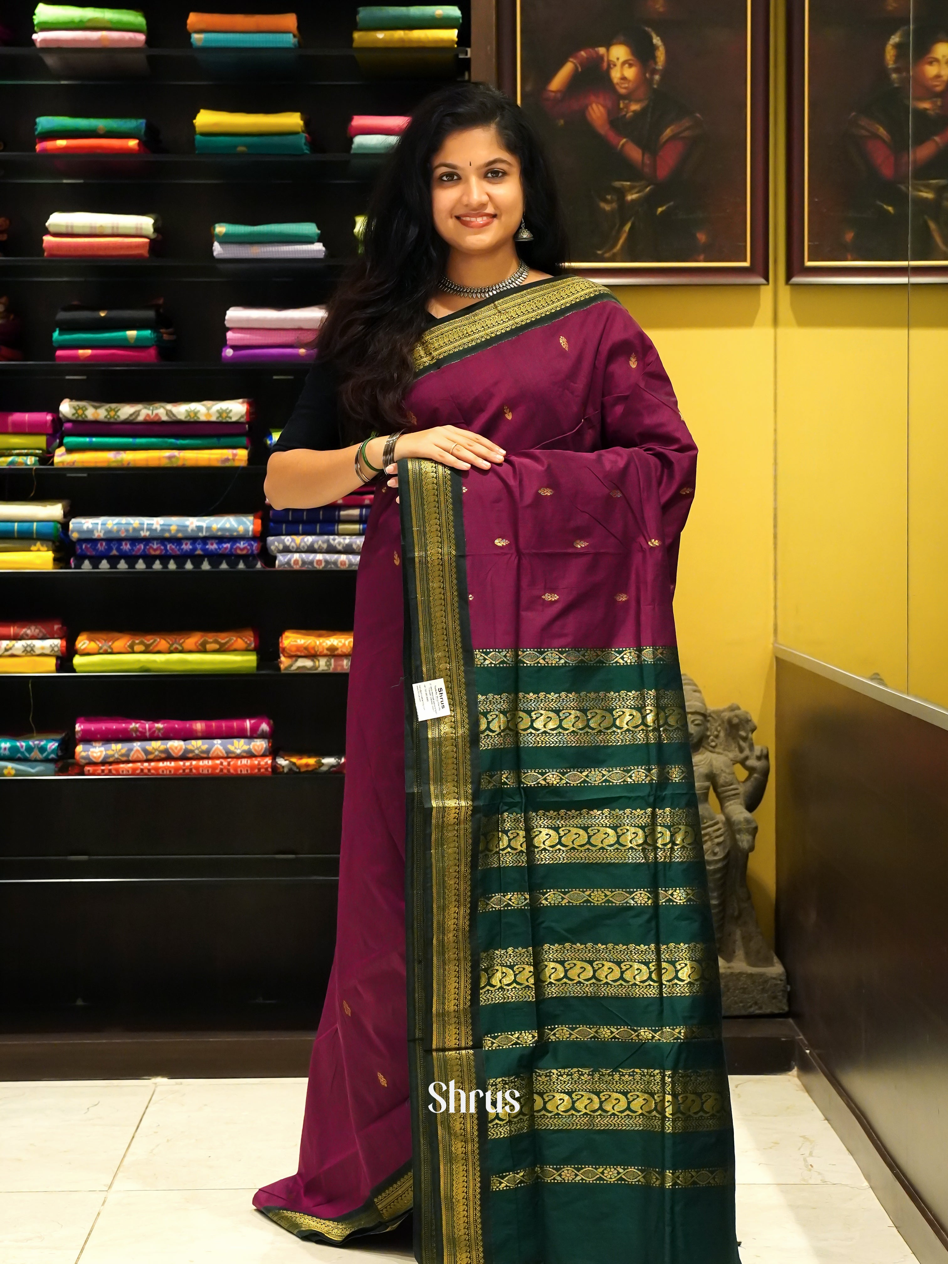 Wine & Green - Kalyani Cotton Saree - Shop on ShrusEternity.com