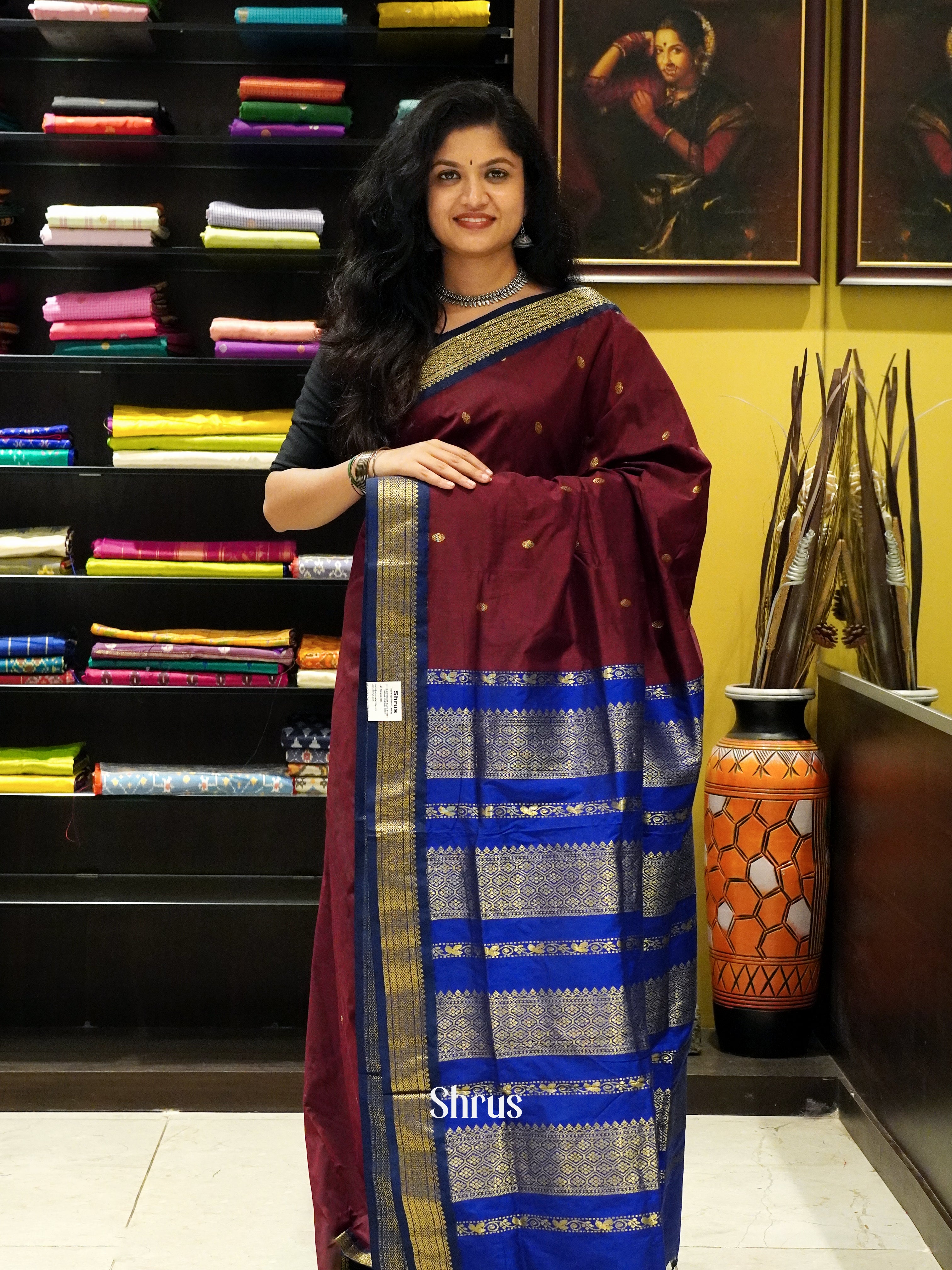 Maroon & Blue - Kalyani Cotton Saree - Shop on ShrusEternity.com