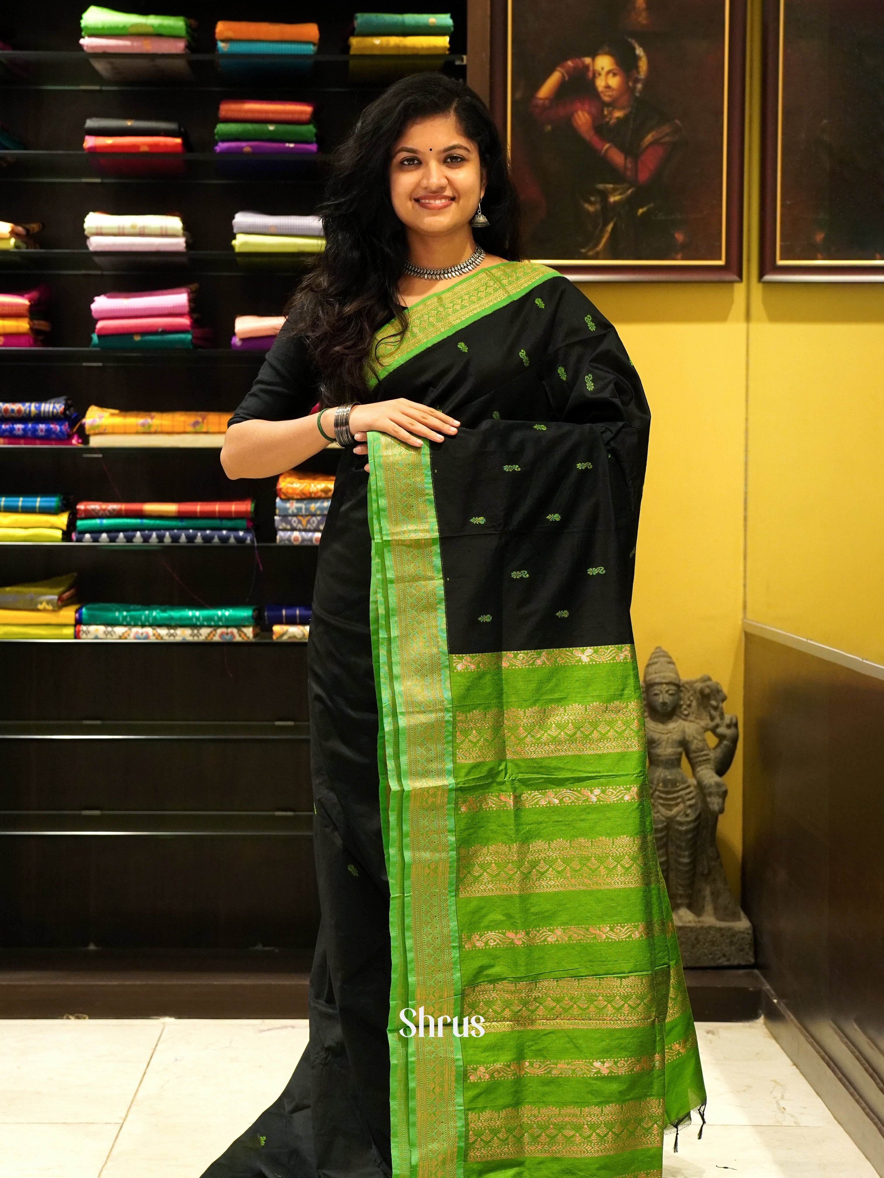 Black & Green- Kalyani Cotton Saree - Shop on ShrusEternity.com