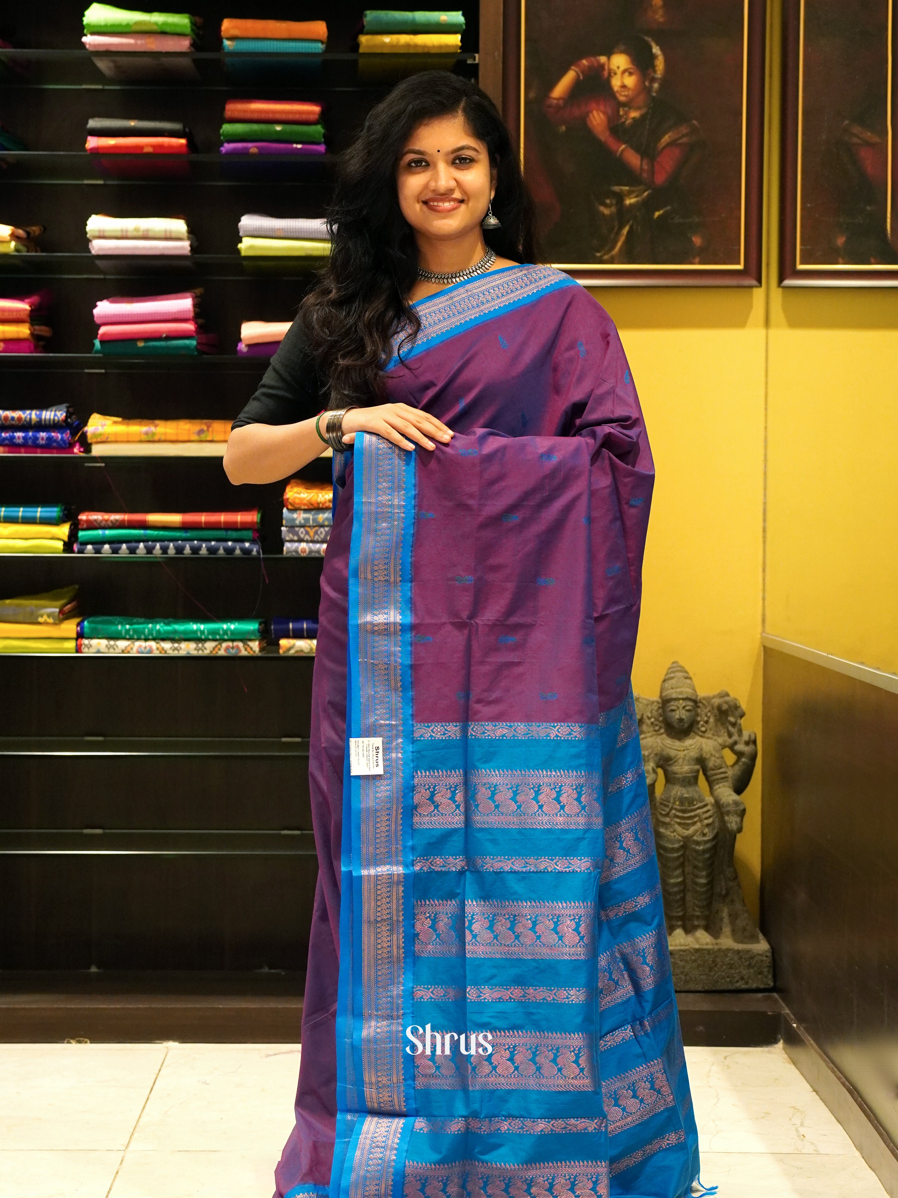 Purple & Blue - Kalyani Cotton Saree - Shop on ShrusEternity.com