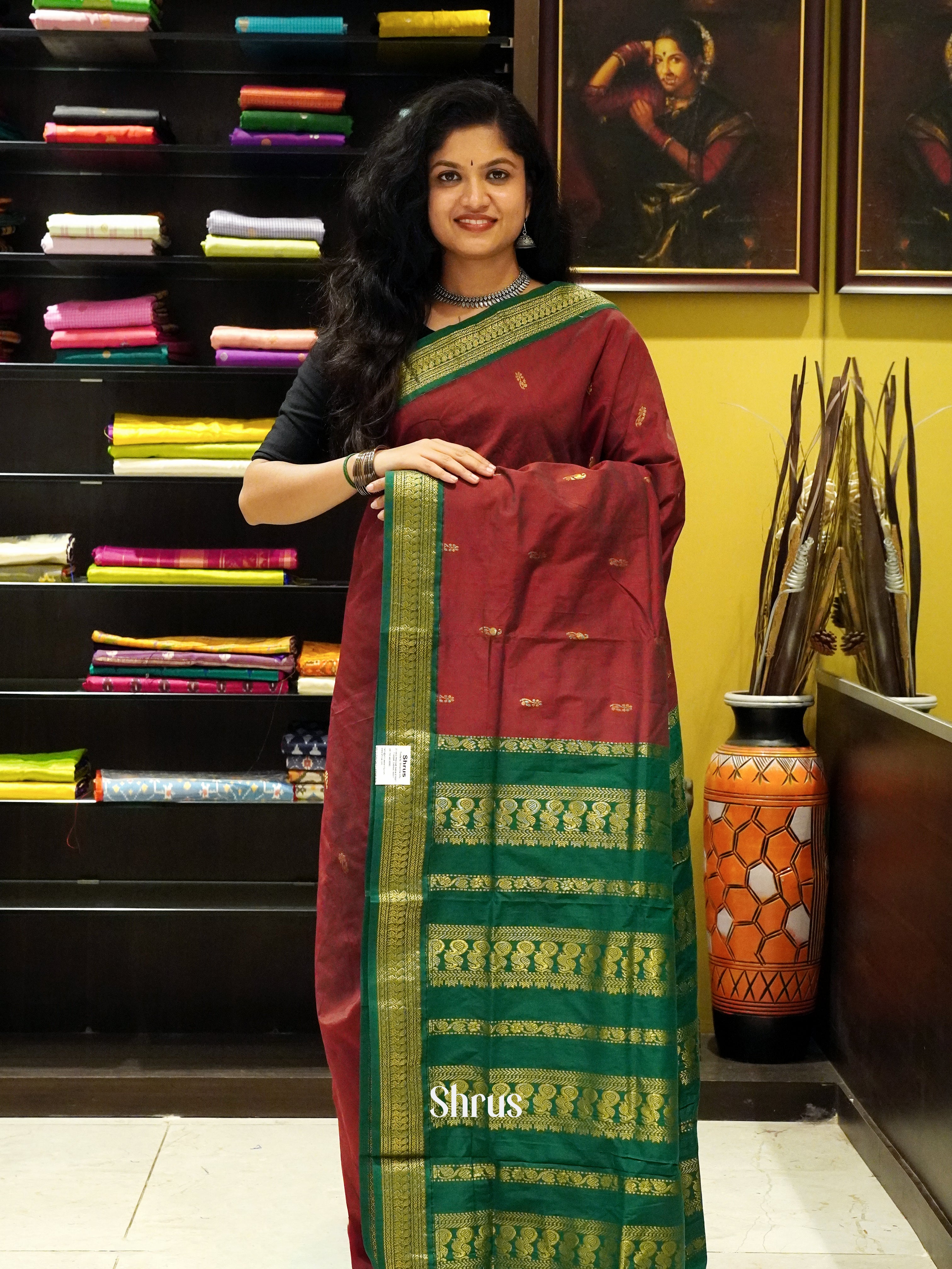 Maroon & Green - Kalyani Cotton Saree - Shop on ShrusEternity.com