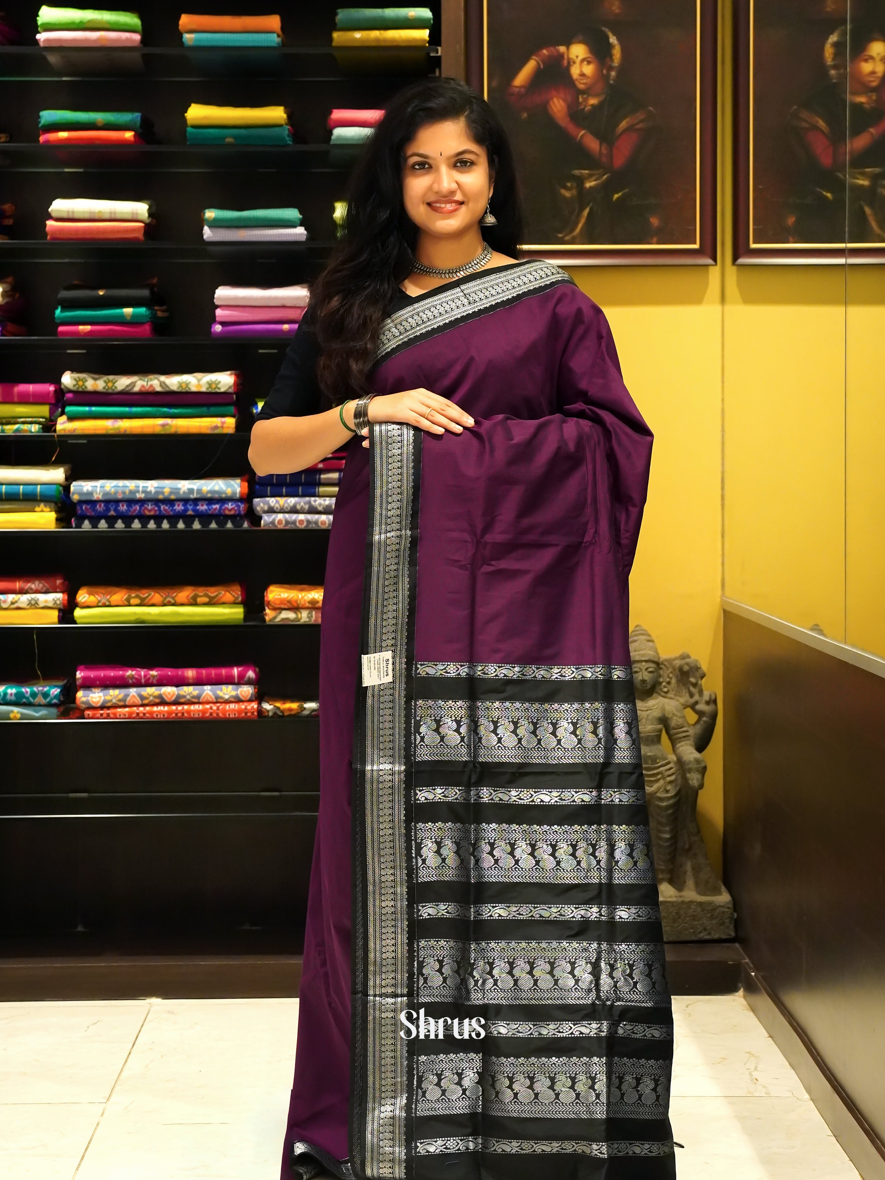 Wine & black - Kalyani Cotton Saree - Shop on ShrusEternity.com