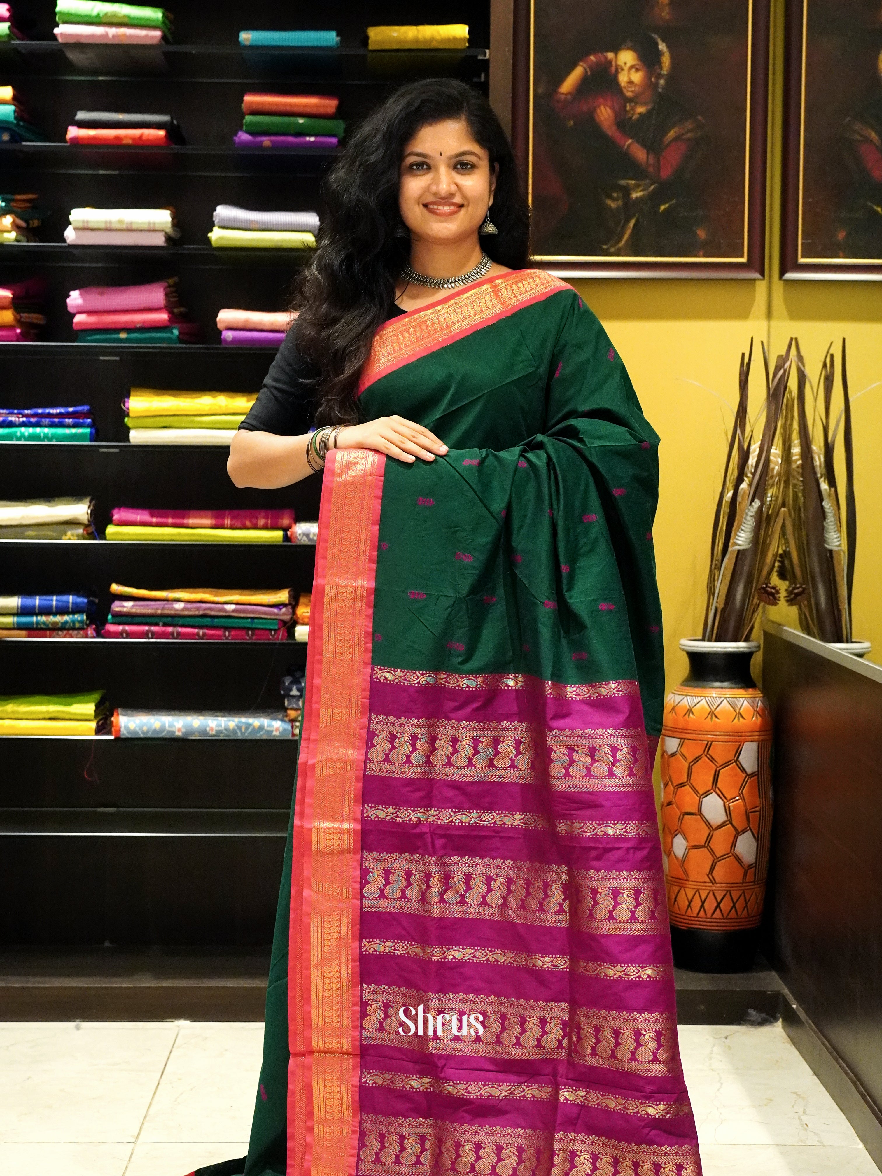 Green & Majenta - Kalyani Cotton Saree - Shop on ShrusEternity.com