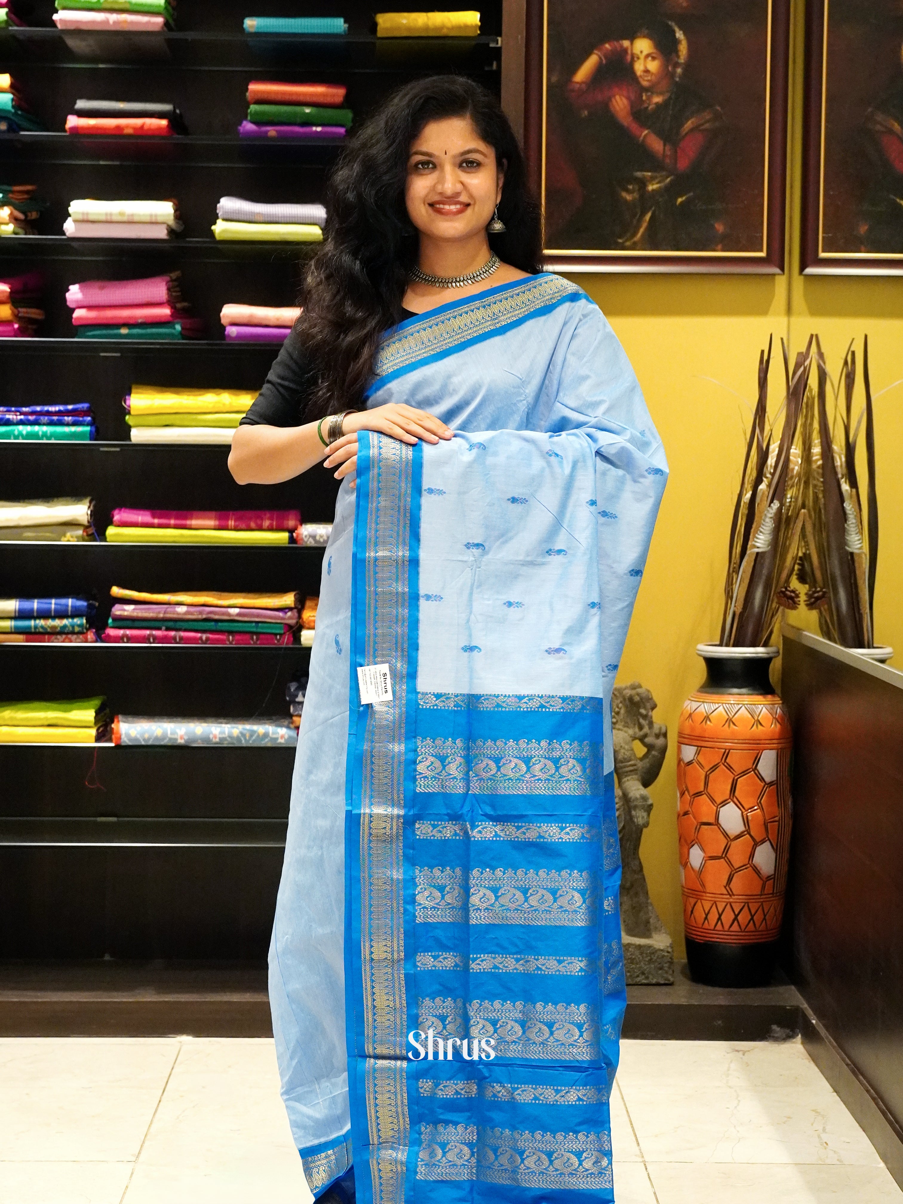 Light Blue & Blue - Kalyani Cotton Saree - Shop on ShrusEternity.com