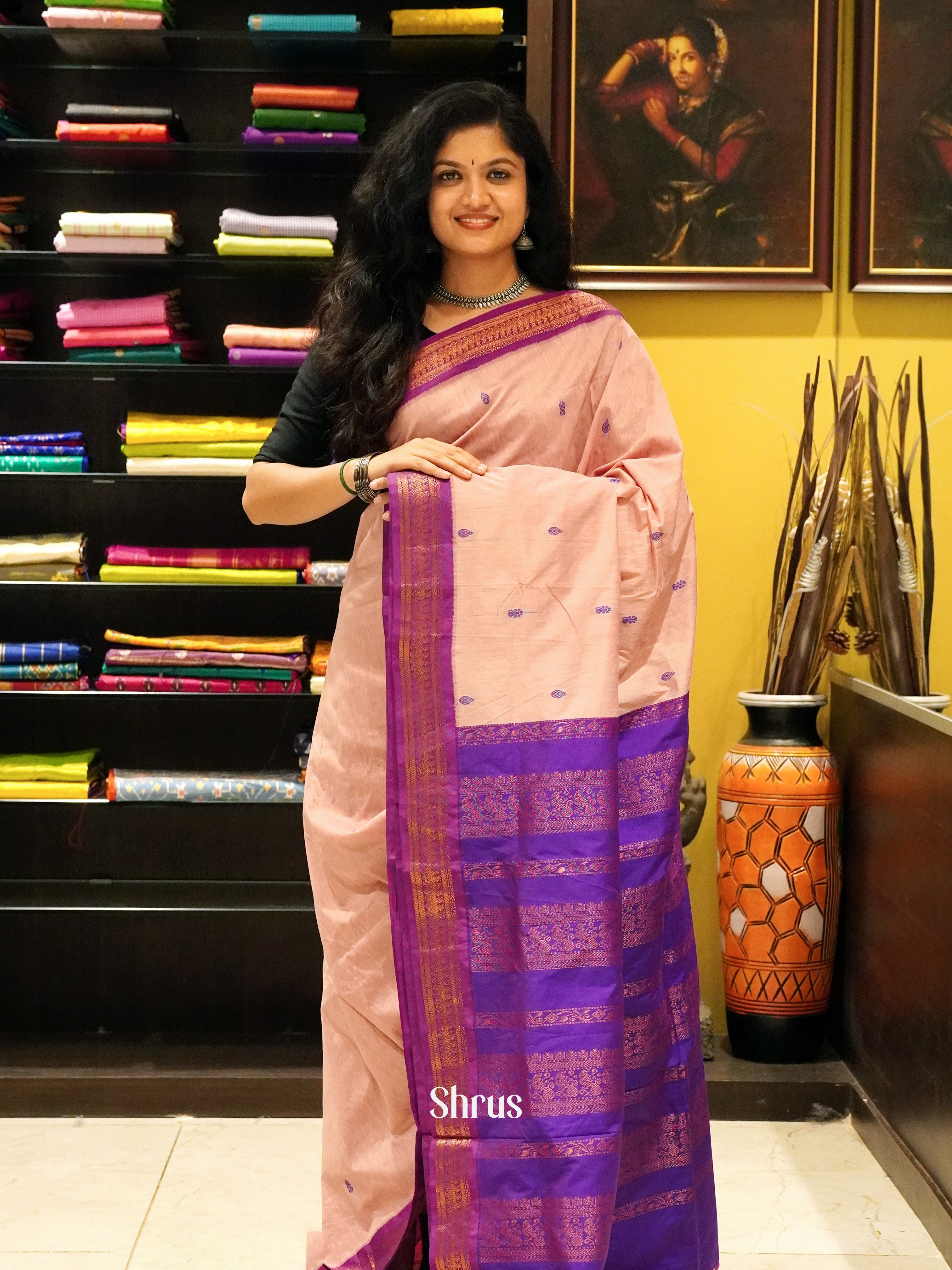 Peach & Purple - Kalyani Cotton Saree - Shop on ShrusEternity.com