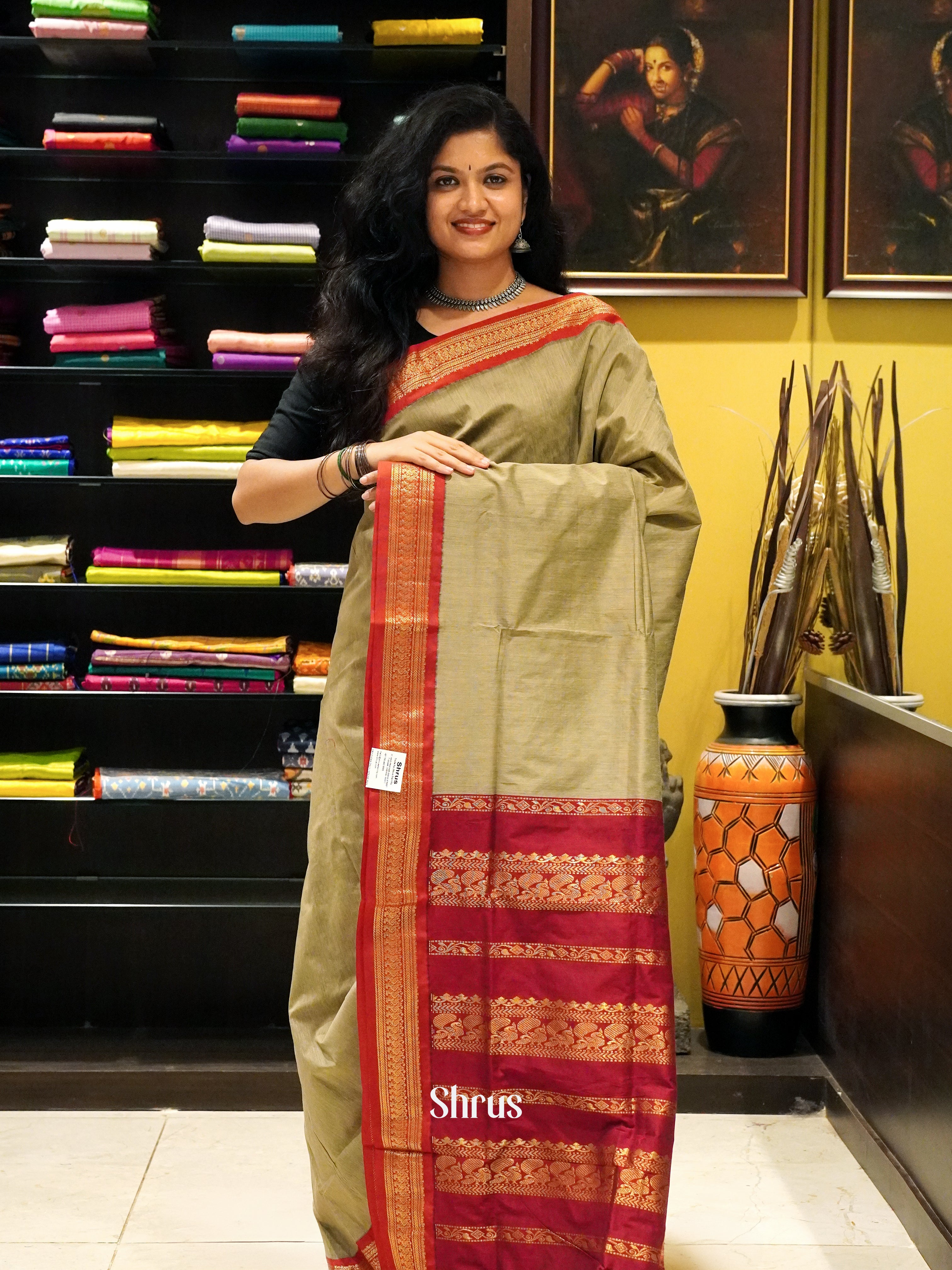 Beige & Maroon- Kalyani Cotton Saree - Shop on ShrusEternity.com