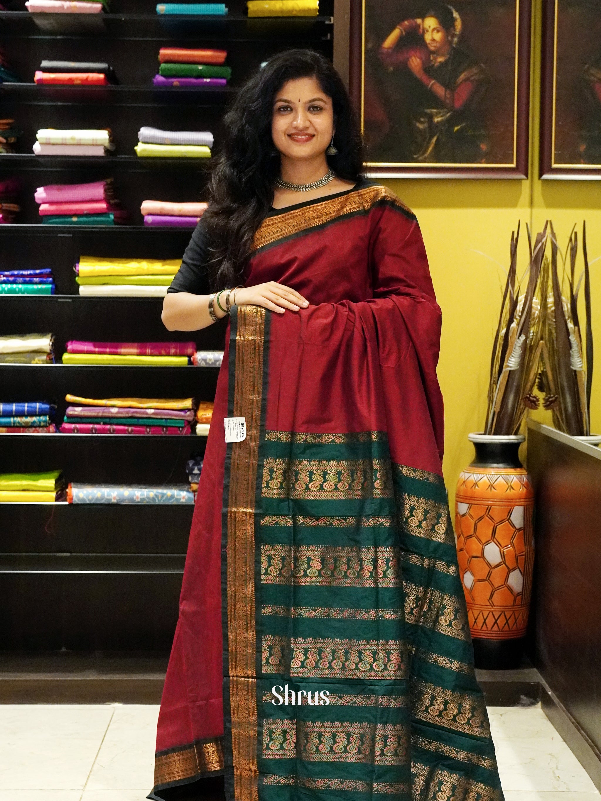 Kalyani Cotton Saree (checkered) - Silver Zari : Dark Brick Pink x Teal main image 1