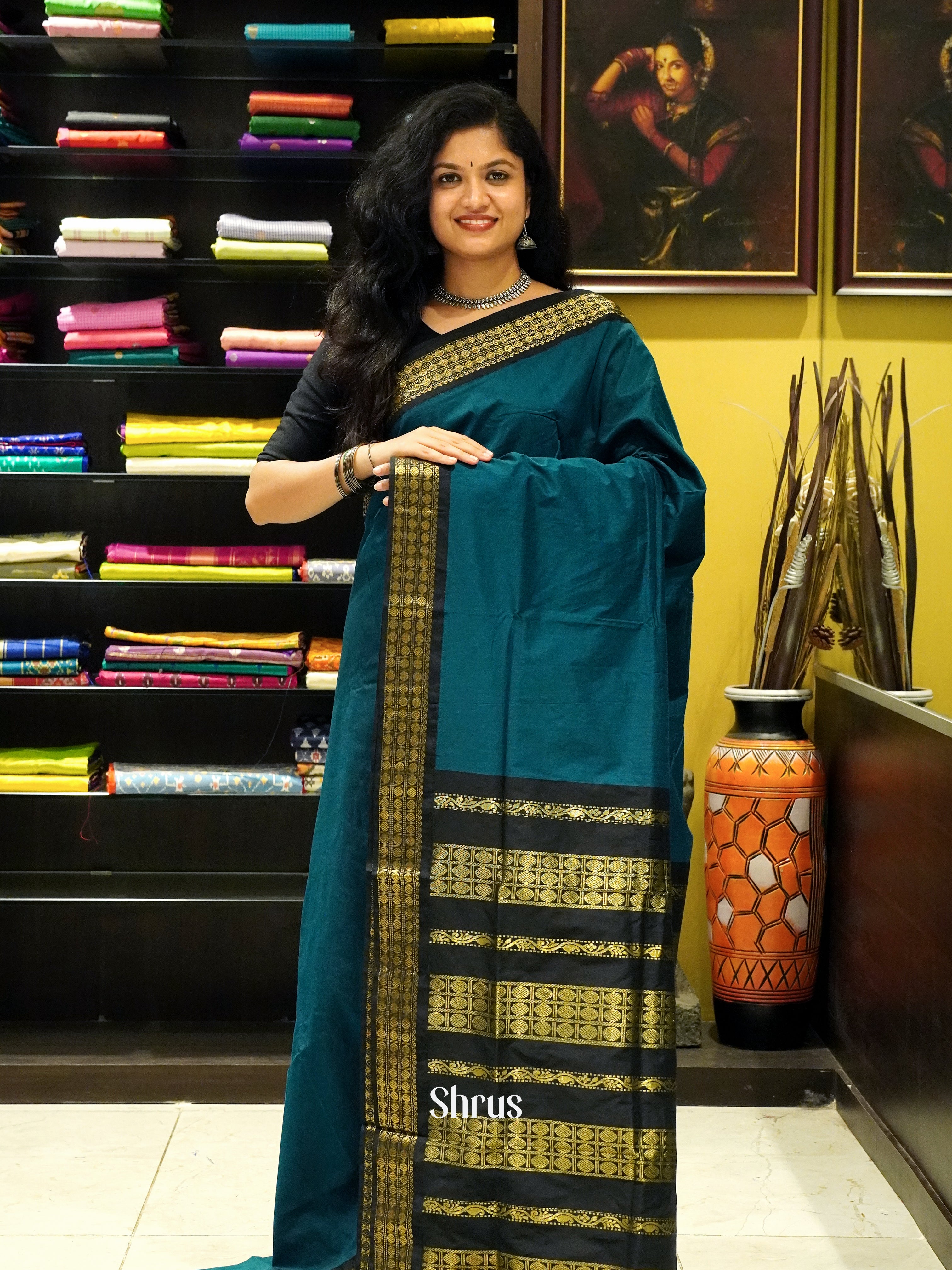 Peacock Blue & Black- Kalyani Cotton Saree - Shop on ShrusEternity.com