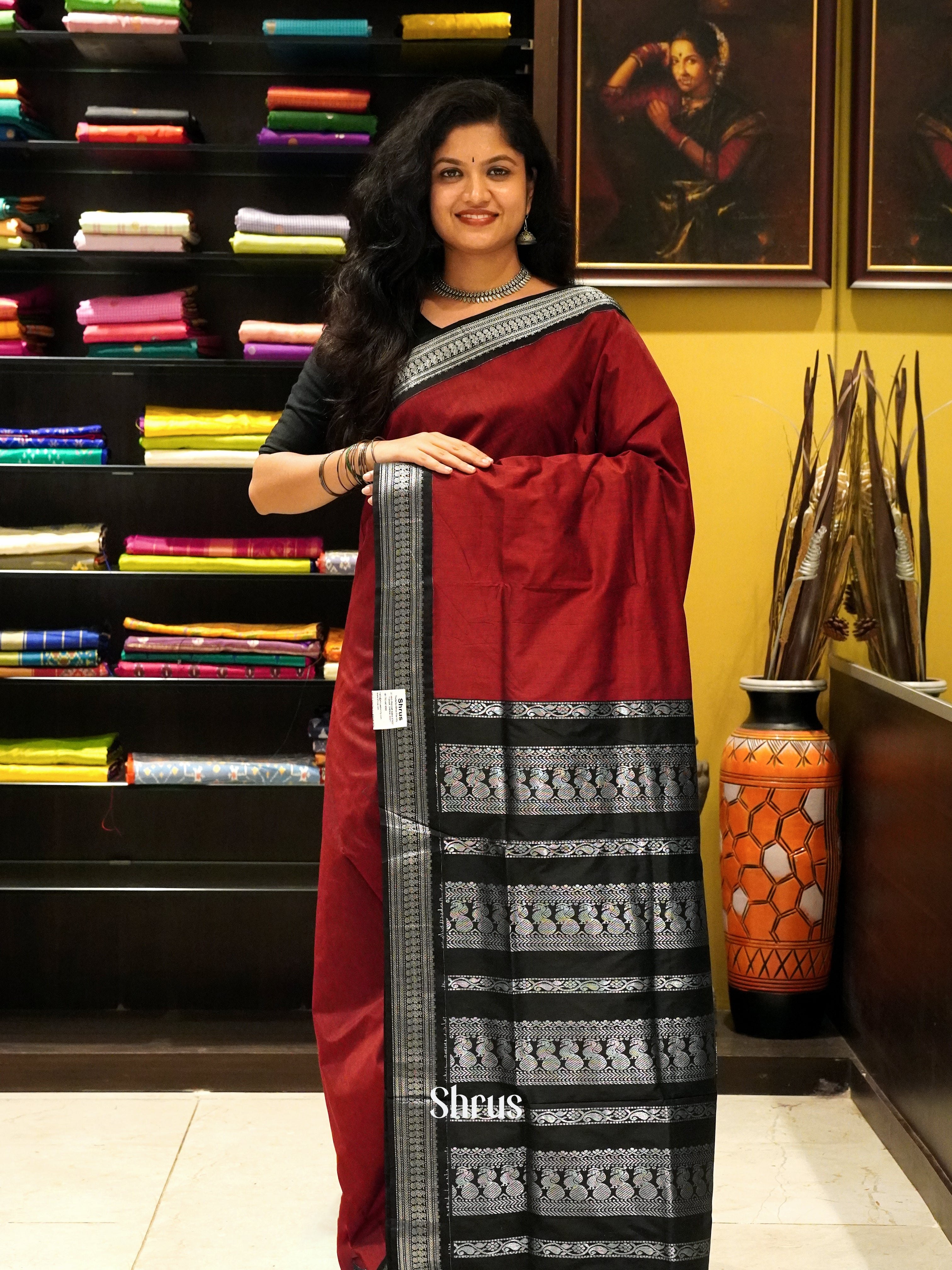 Maroon & Black - Kalyani Cotton Saree - Shop on ShrusEternity.com