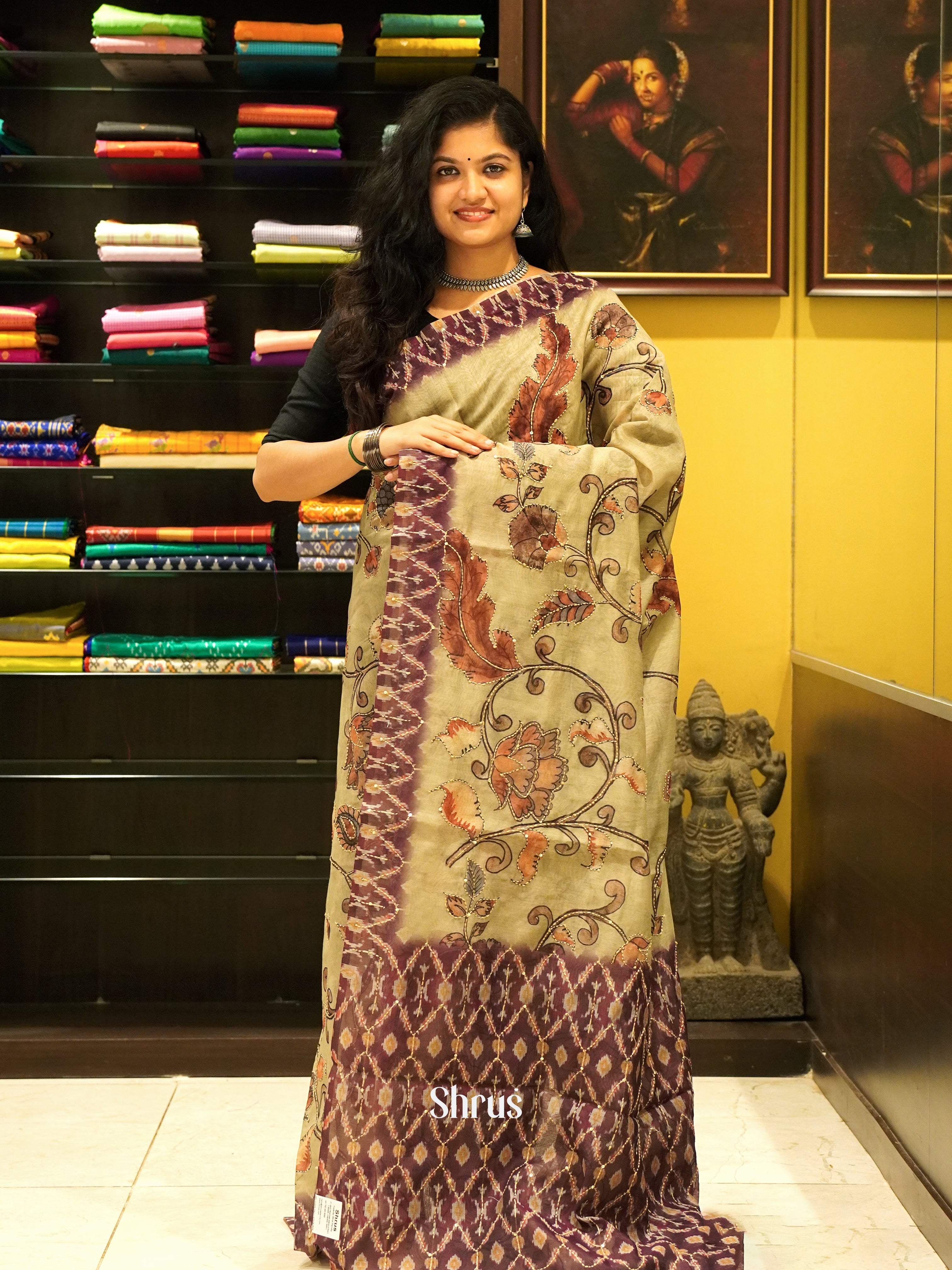 Green & Brown- Semi Kantha Saree - Shop on ShrusEternity.com