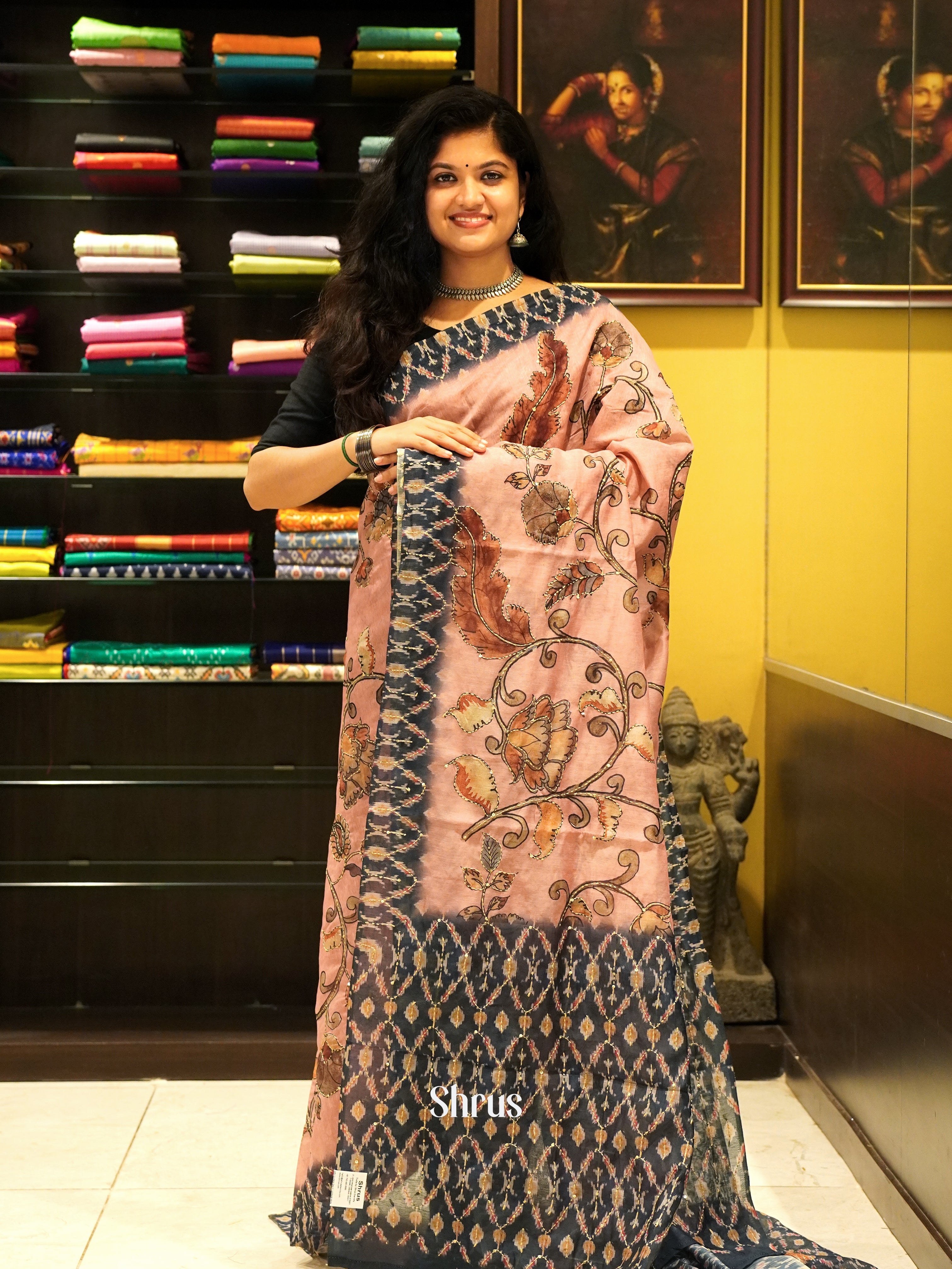 Dusty Pink & Black - Semi Kantha Saree - Shop on ShrusEternity.com
