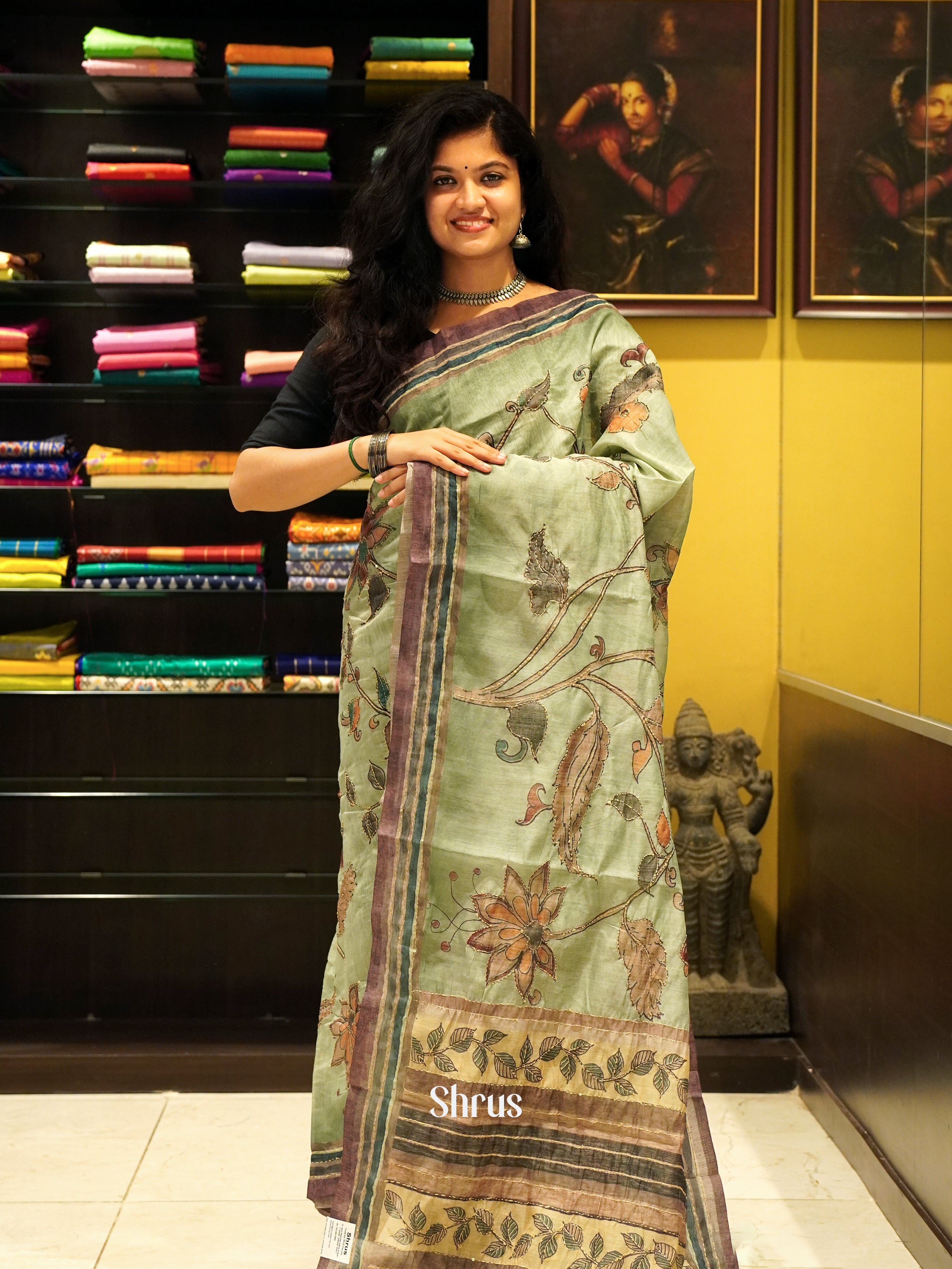 Green & Brown - Semi Kantha Saree - Shop on ShrusEternity.com
