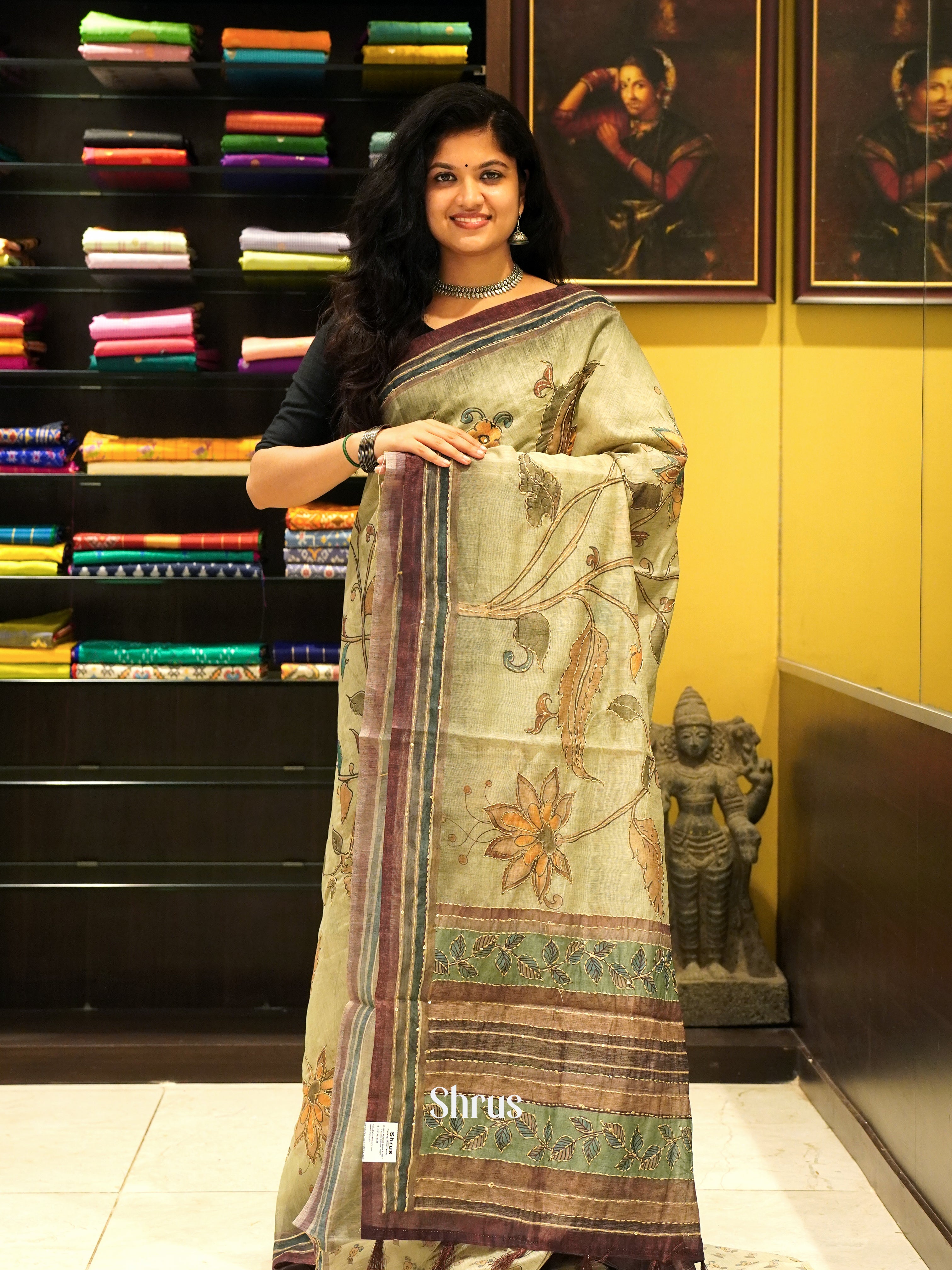 Green & Brown - Semi Kantha Saree - Shop on ShrusEternity.com
