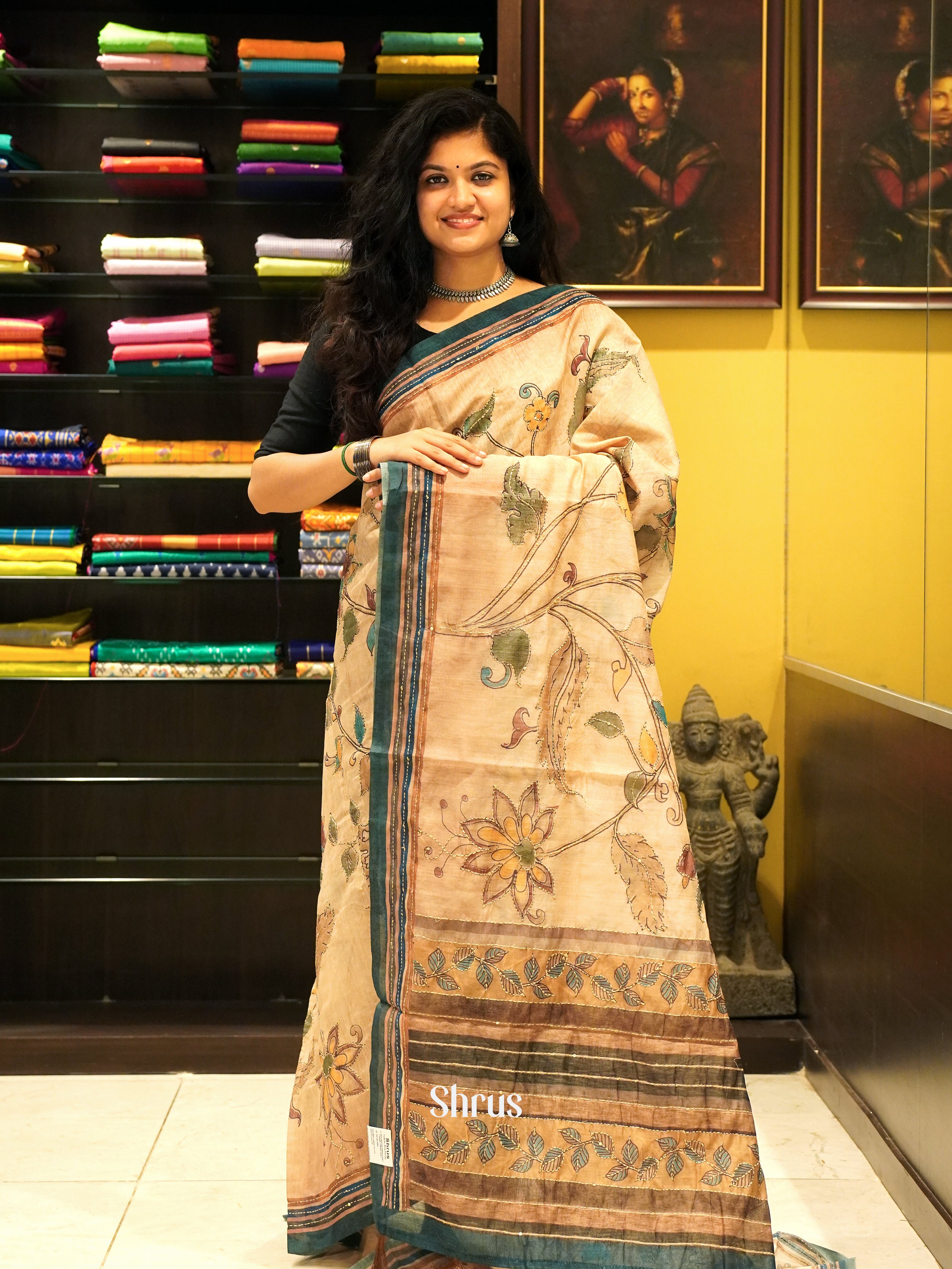Pale Orange & Green - Semi Kantha Saree - Shop on ShrusEternity.com