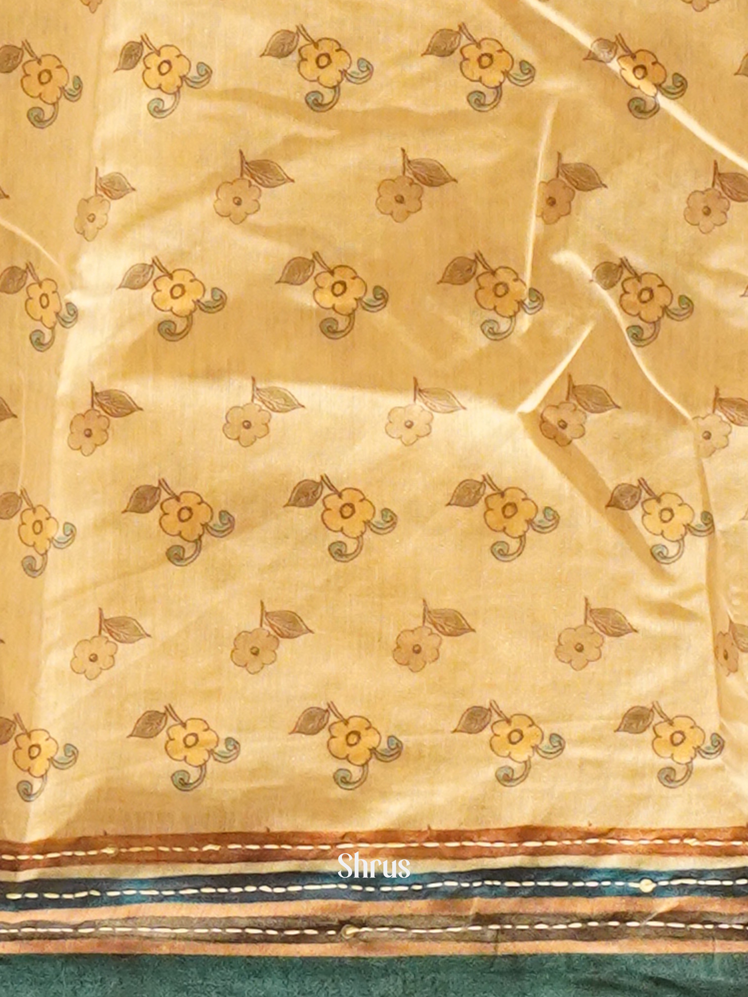 Pale Orange & Green - Semi Kantha Saree - Shop on ShrusEternity.com