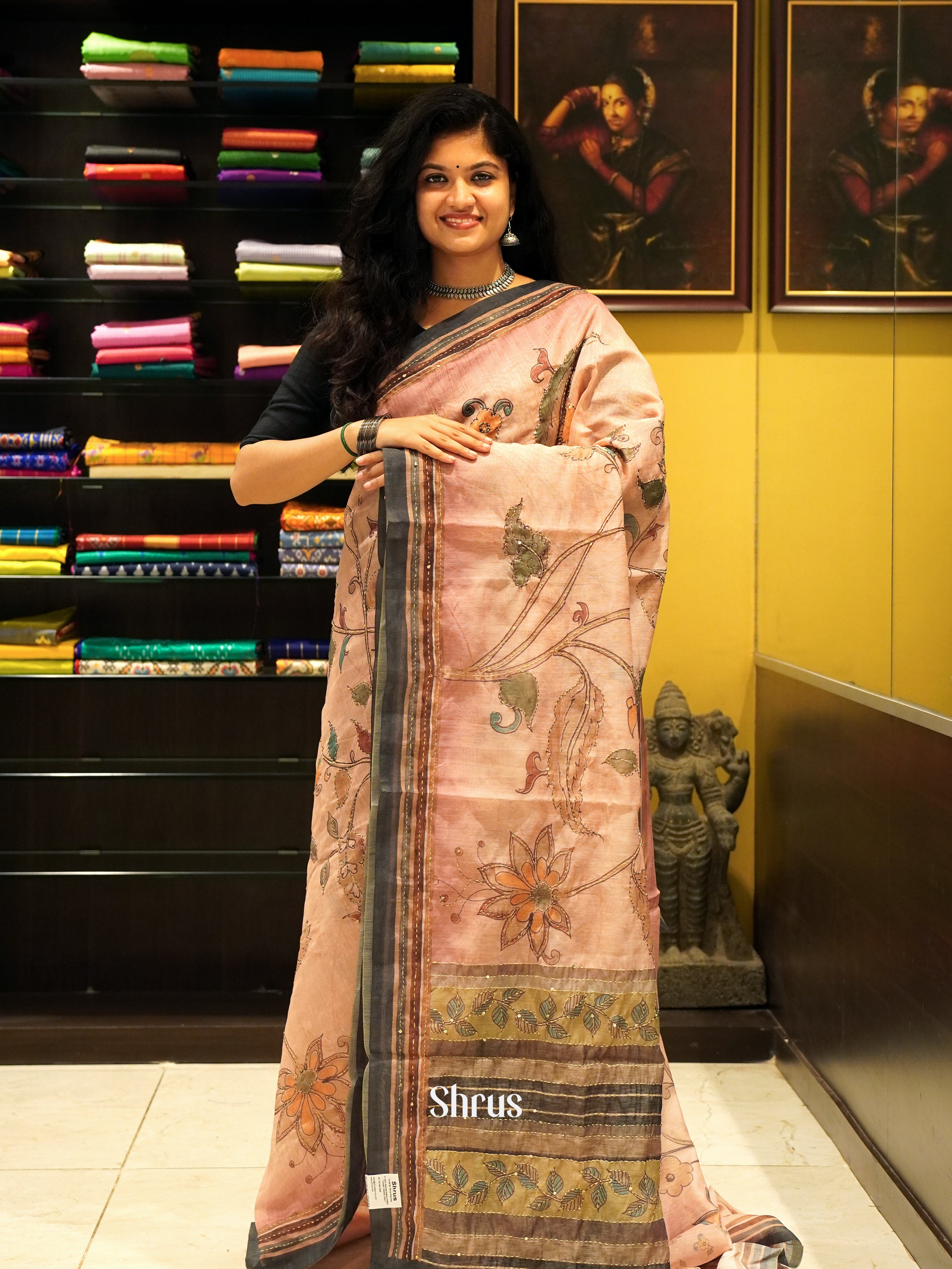 Peach & Green - Semi Kantha Saree - Shop on ShrusEternity.com
