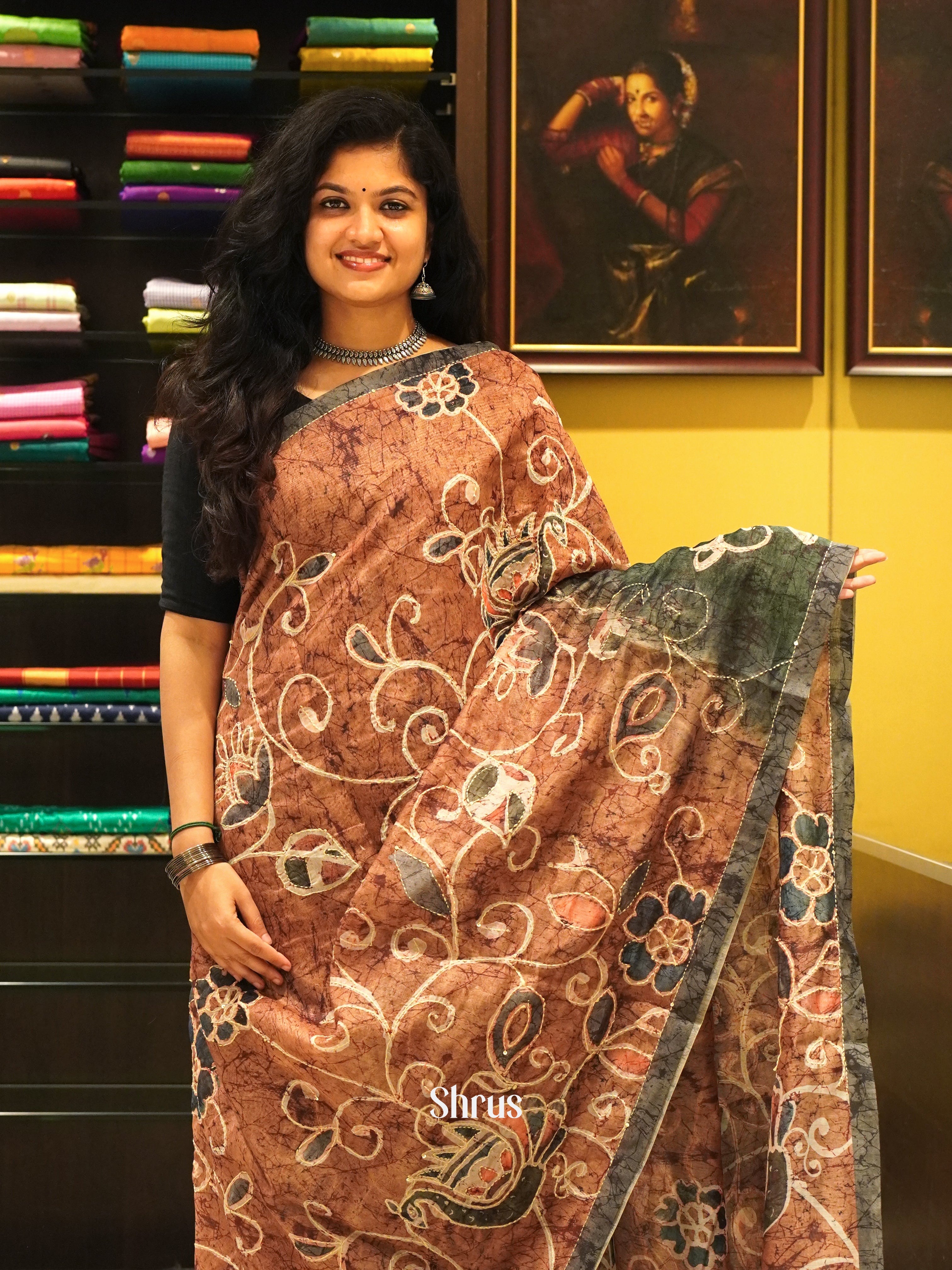 Brown & Green - Semi Kantha Saree - Shop on ShrusEternity.com