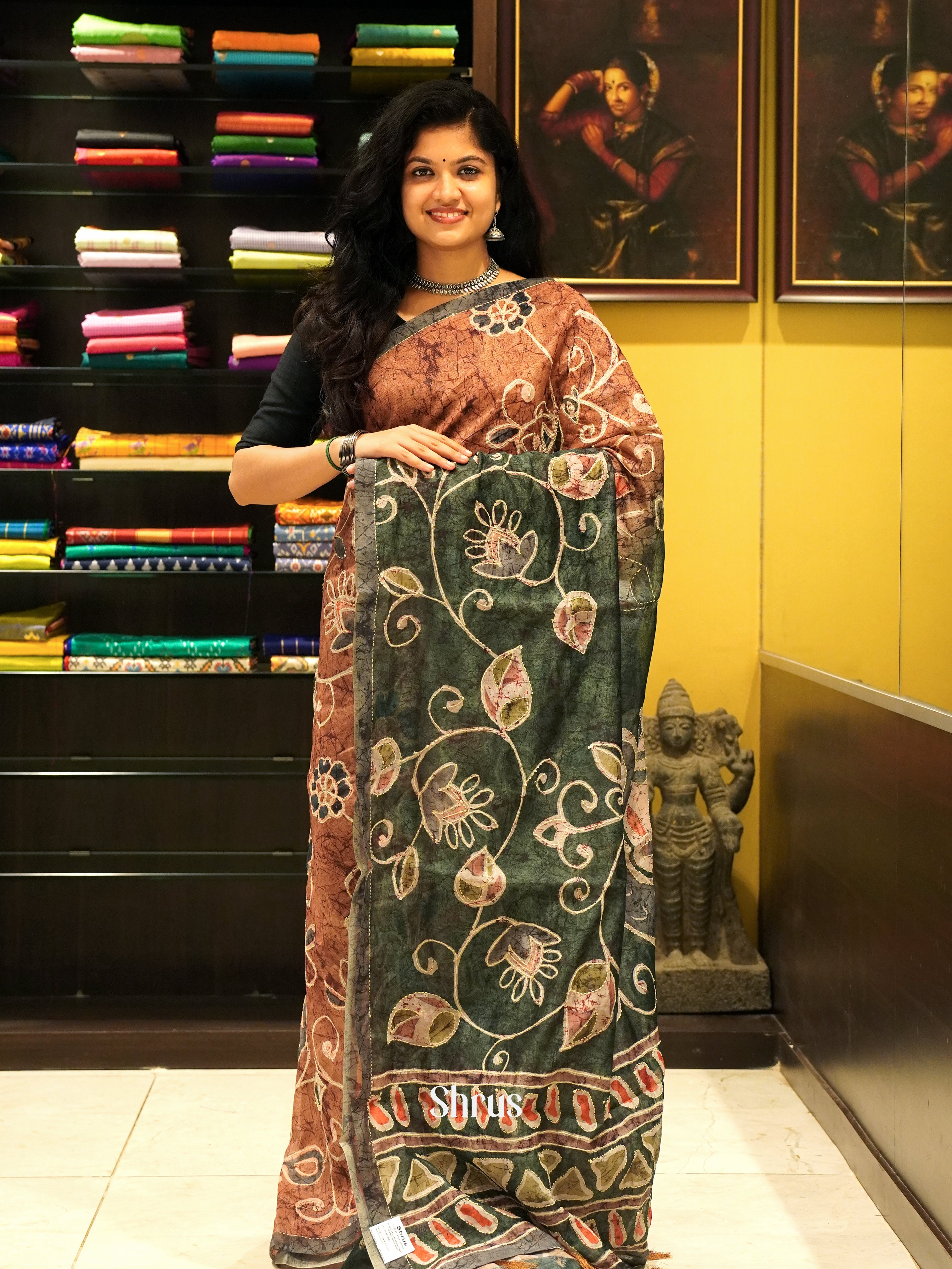 Brown & Green - Semi Kantha Saree - Shop on ShrusEternity.com