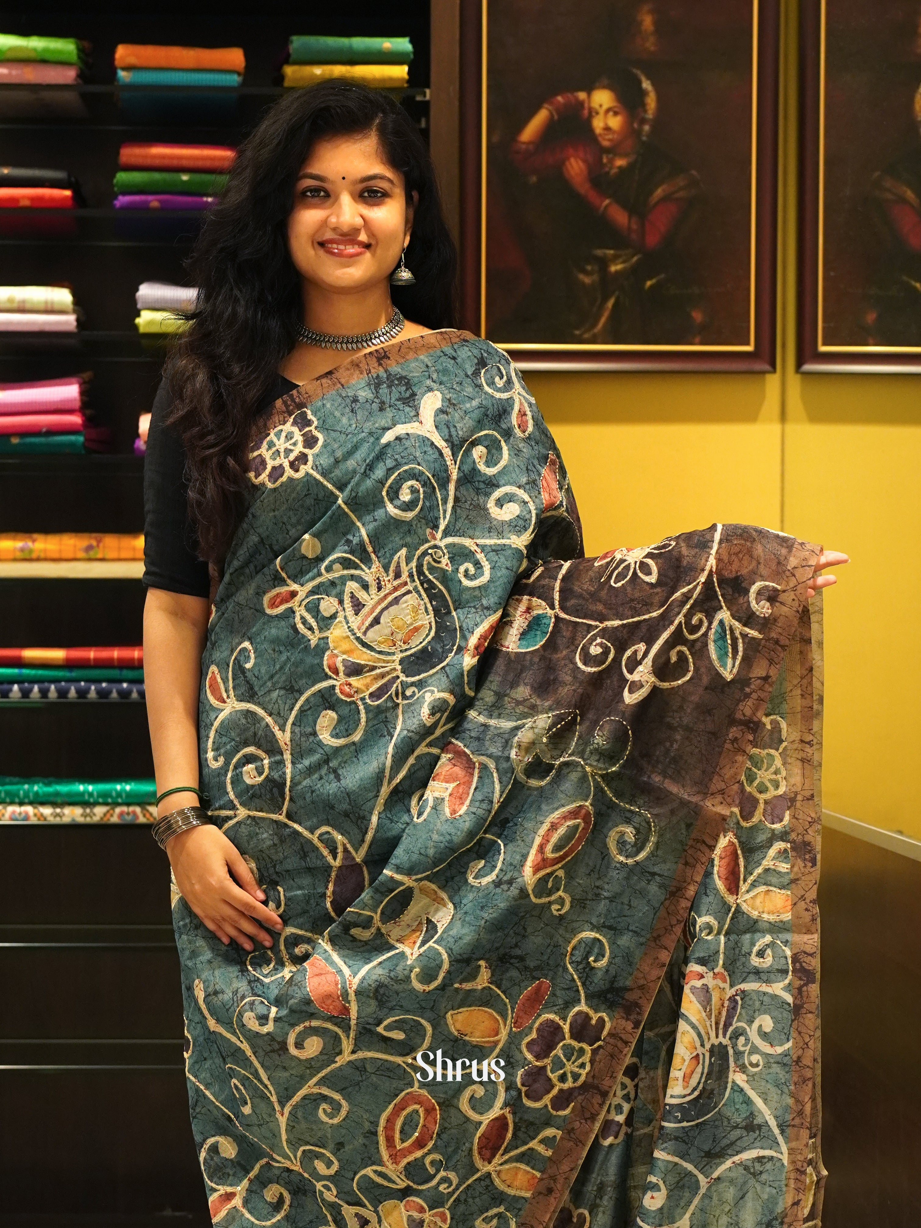 Blue & Brown - Semi Kantha Saree - Shop on ShrusEternity.com