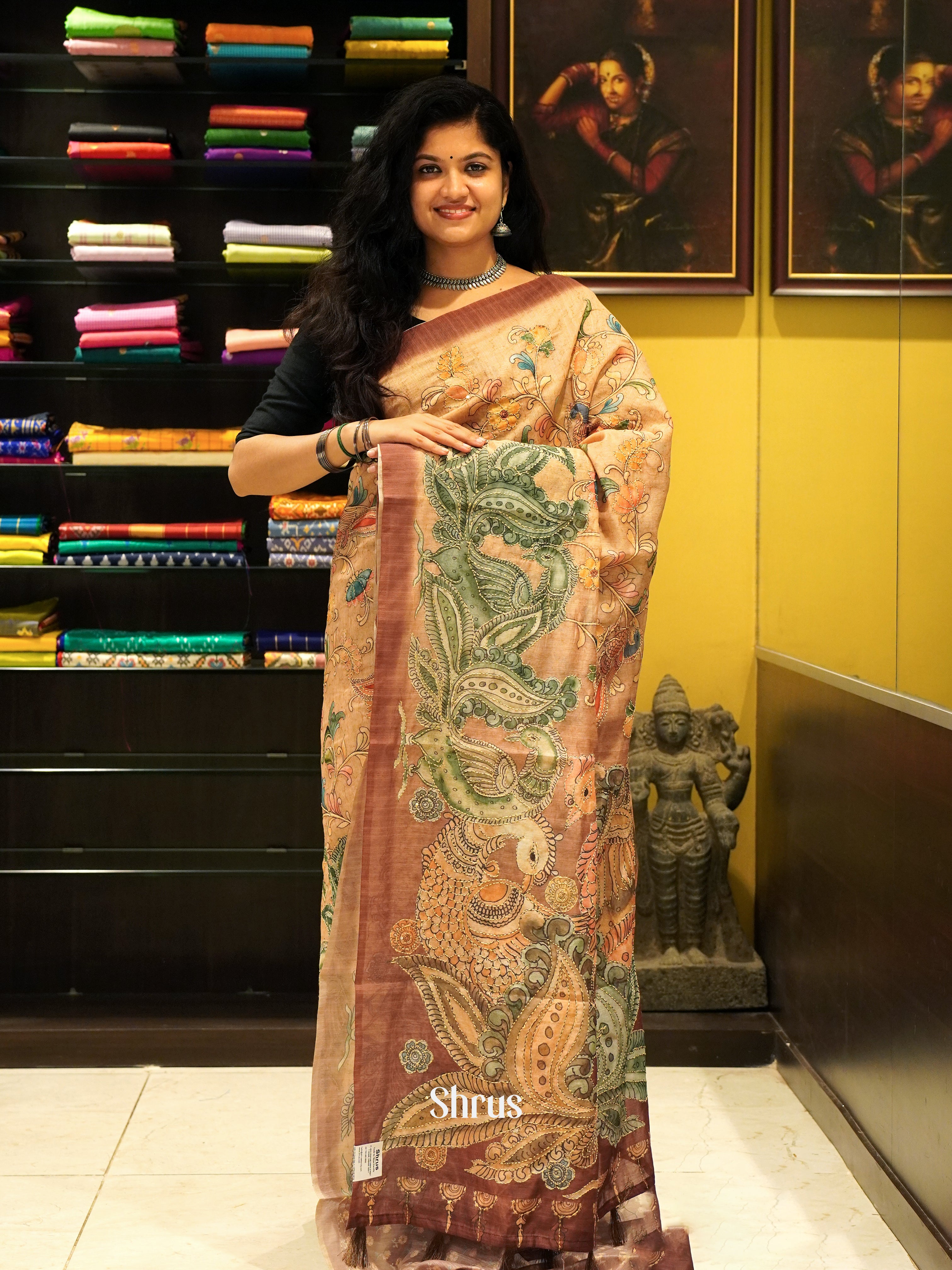 Orange & Brown - Semi Kantha Saree - Shop on ShrusEternity.com